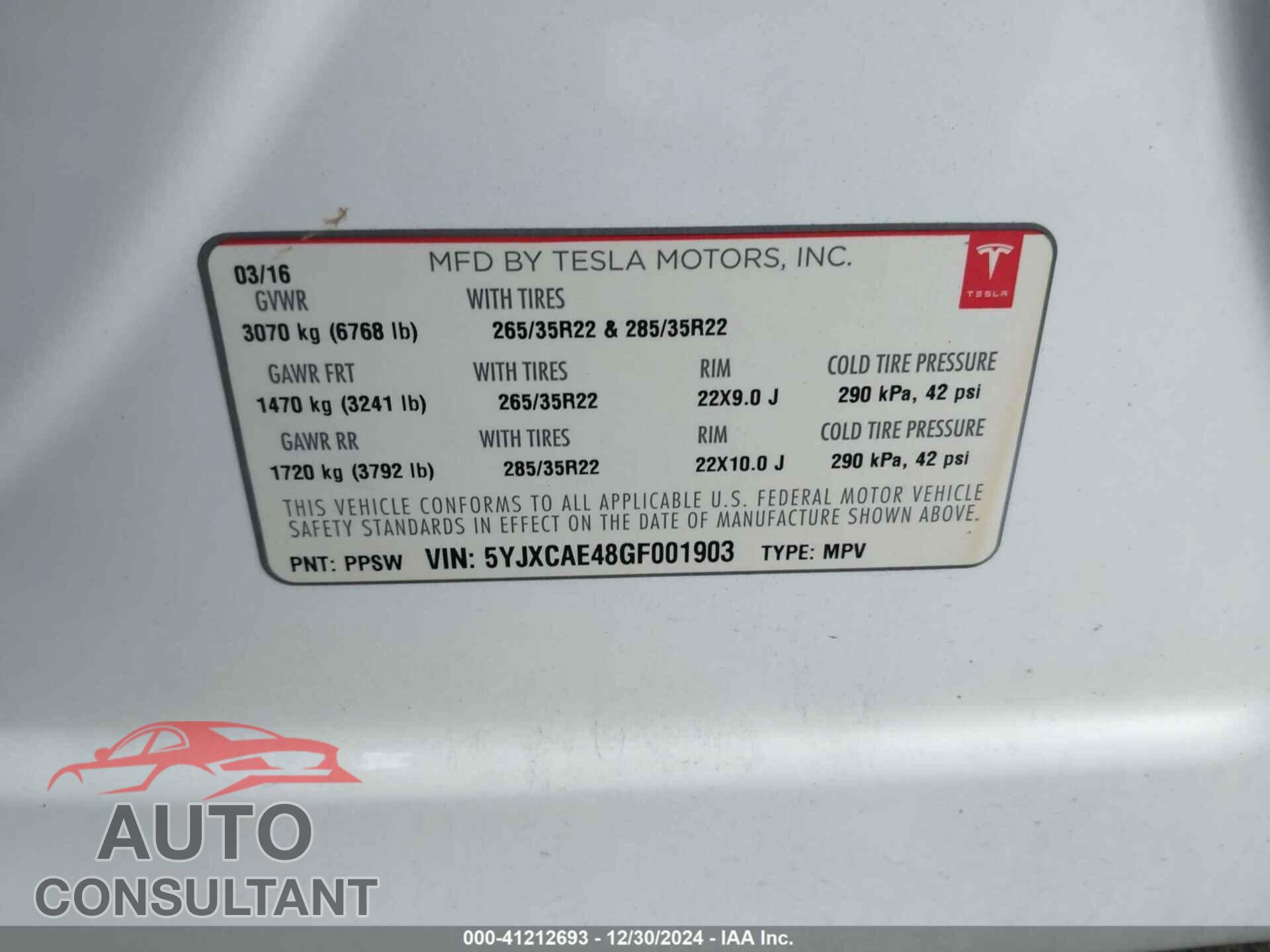 TESLA MODEL X 2016 - 5YJXCAE48GF001903