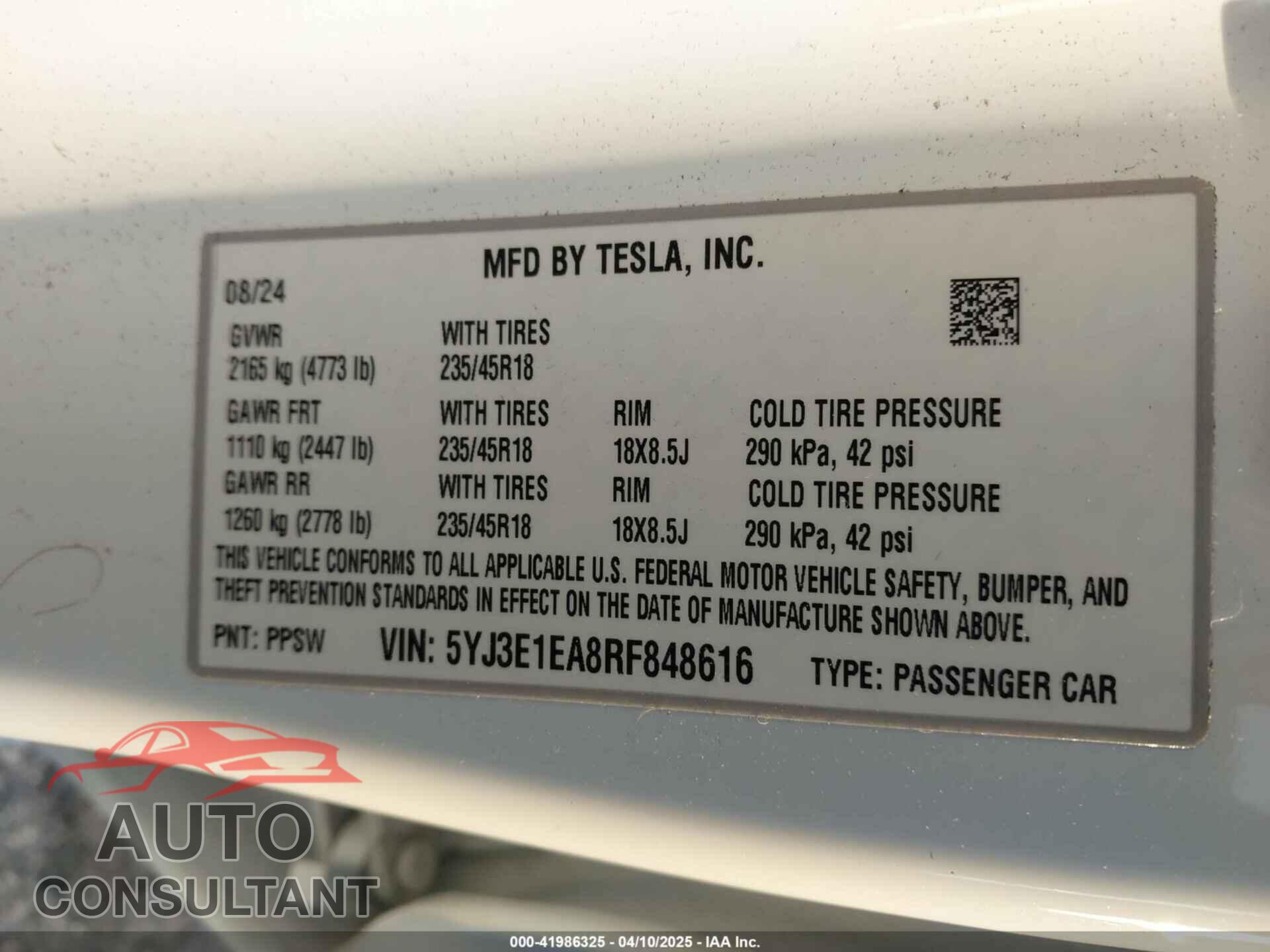 TESLA MODEL 3 2024 - 5YJ3E1EA8RF848616