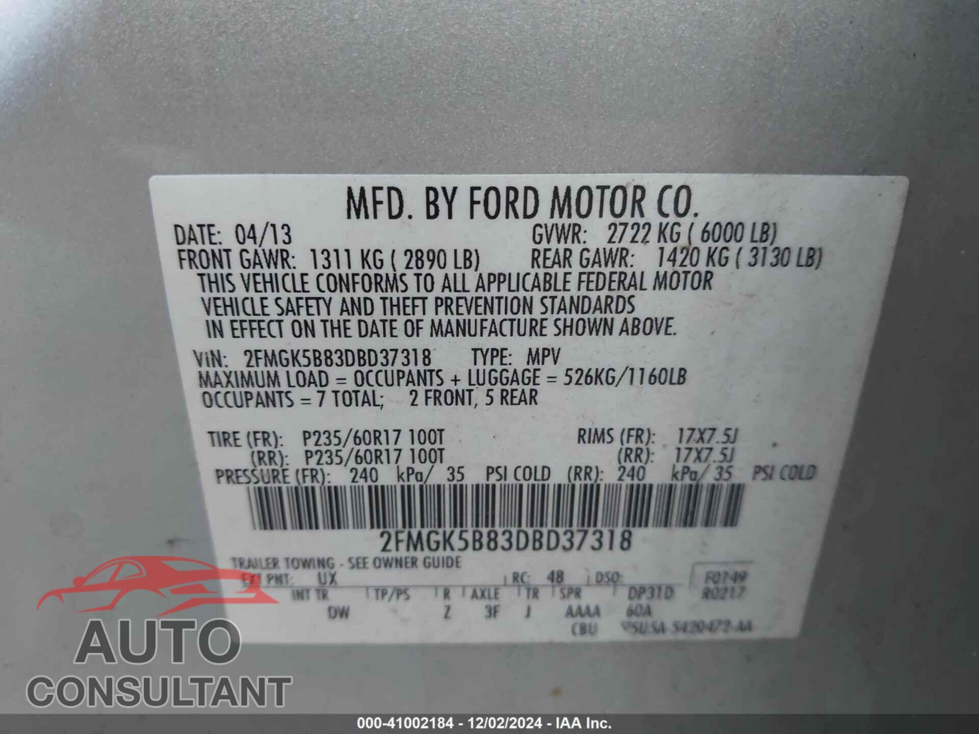 FORD FLEX 2013 - 2FMGK5B83DBD37318