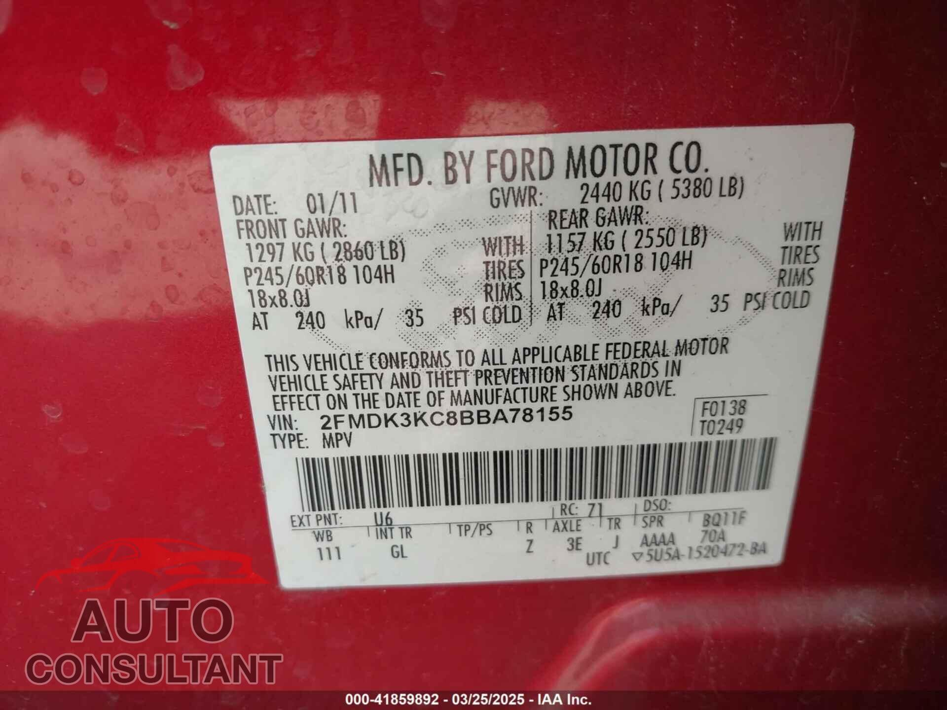 FORD EDGE 2011 - 2FMDK3KC8BBA78155