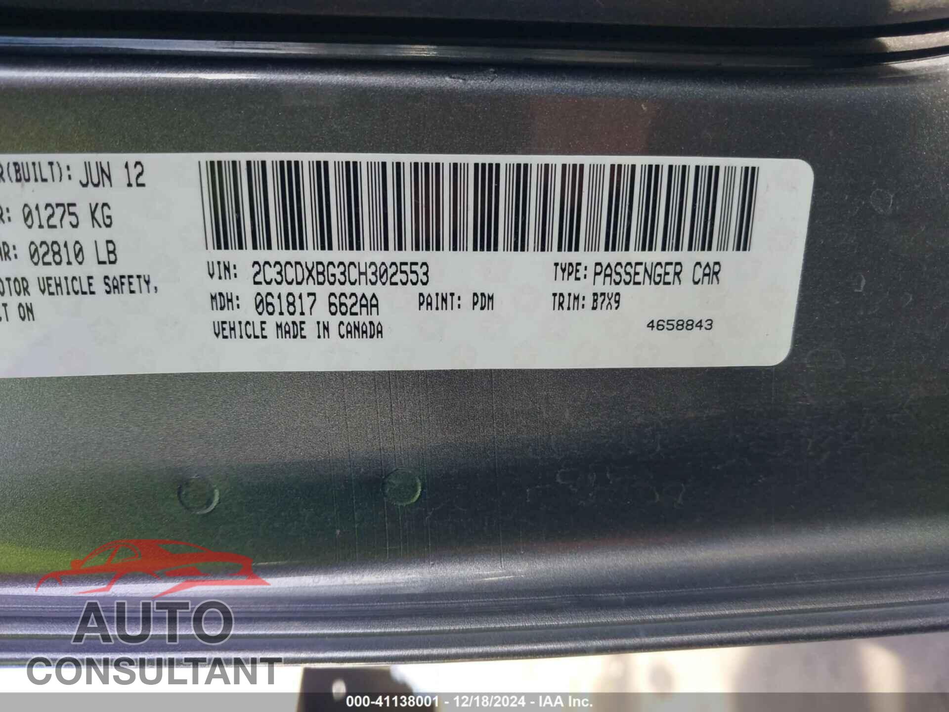 DODGE CHARGER 2012 - 2C3CDXBG3CH302553