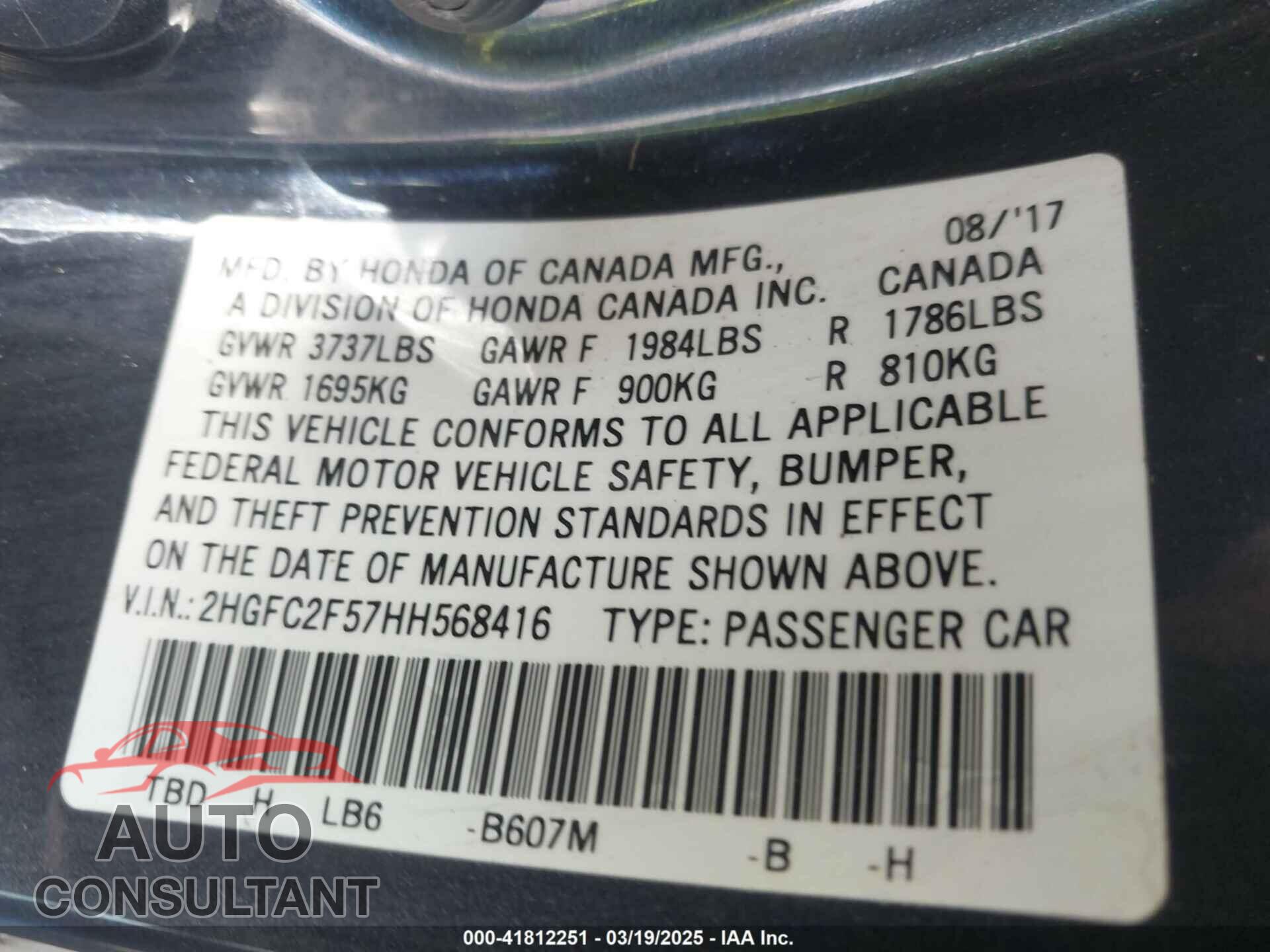 HONDA CIVIC 2017 - 2HGFC2F57HH568416