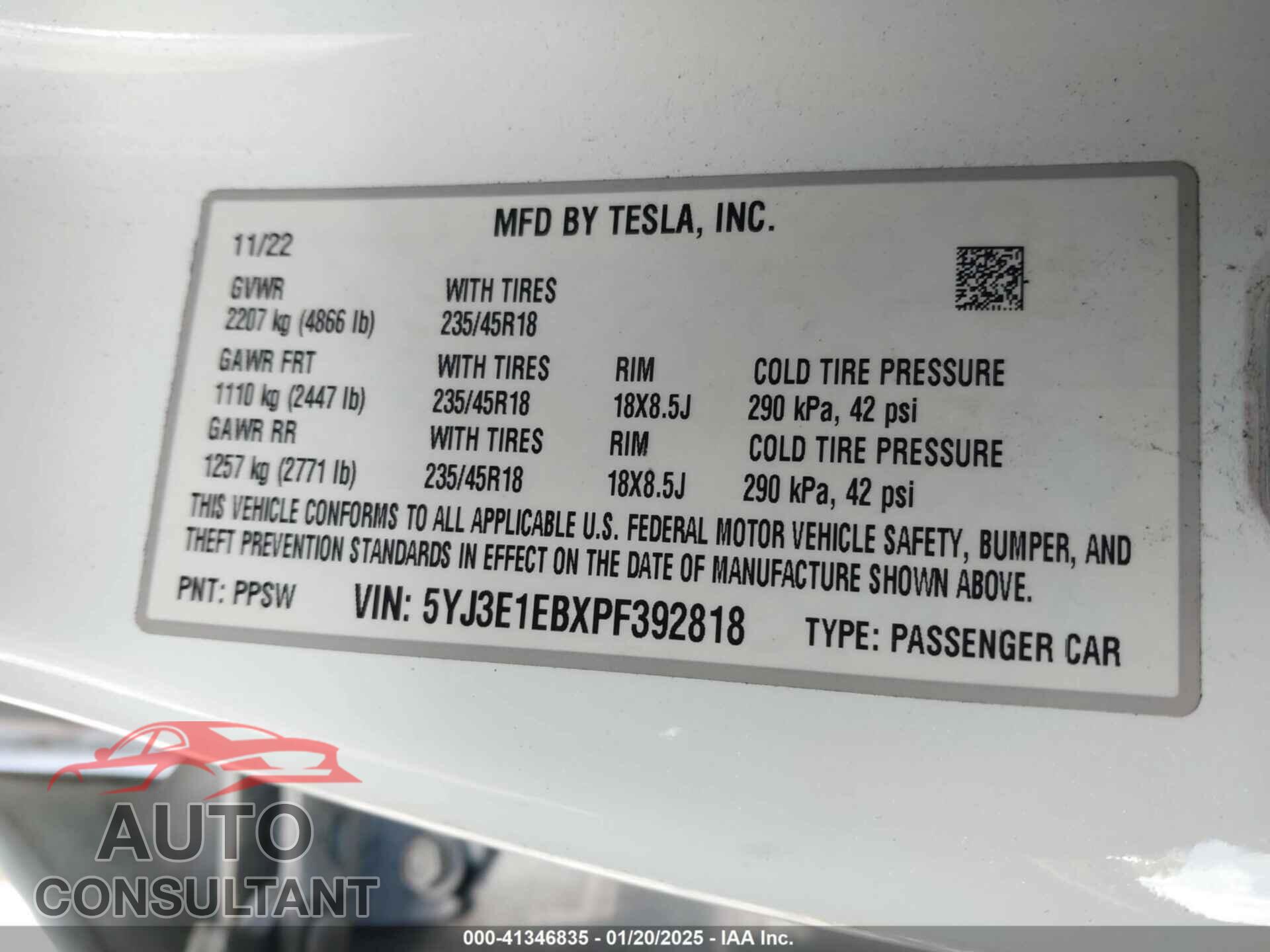TESLA MODEL 3 2023 - 5YJ3E1EBXPF392818