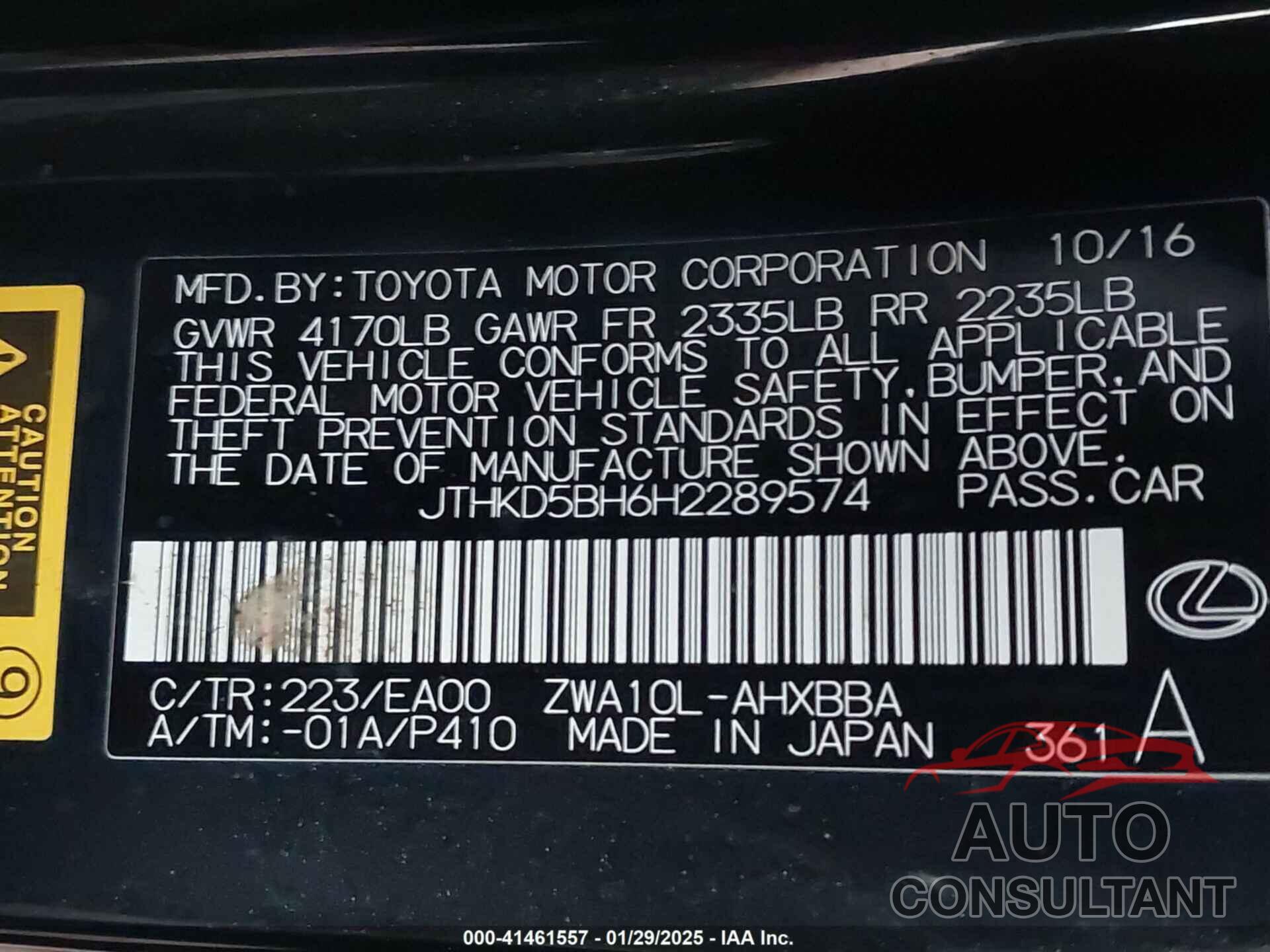 LEXUS CT 200H 2017 - JTHKD5BH6H2289574