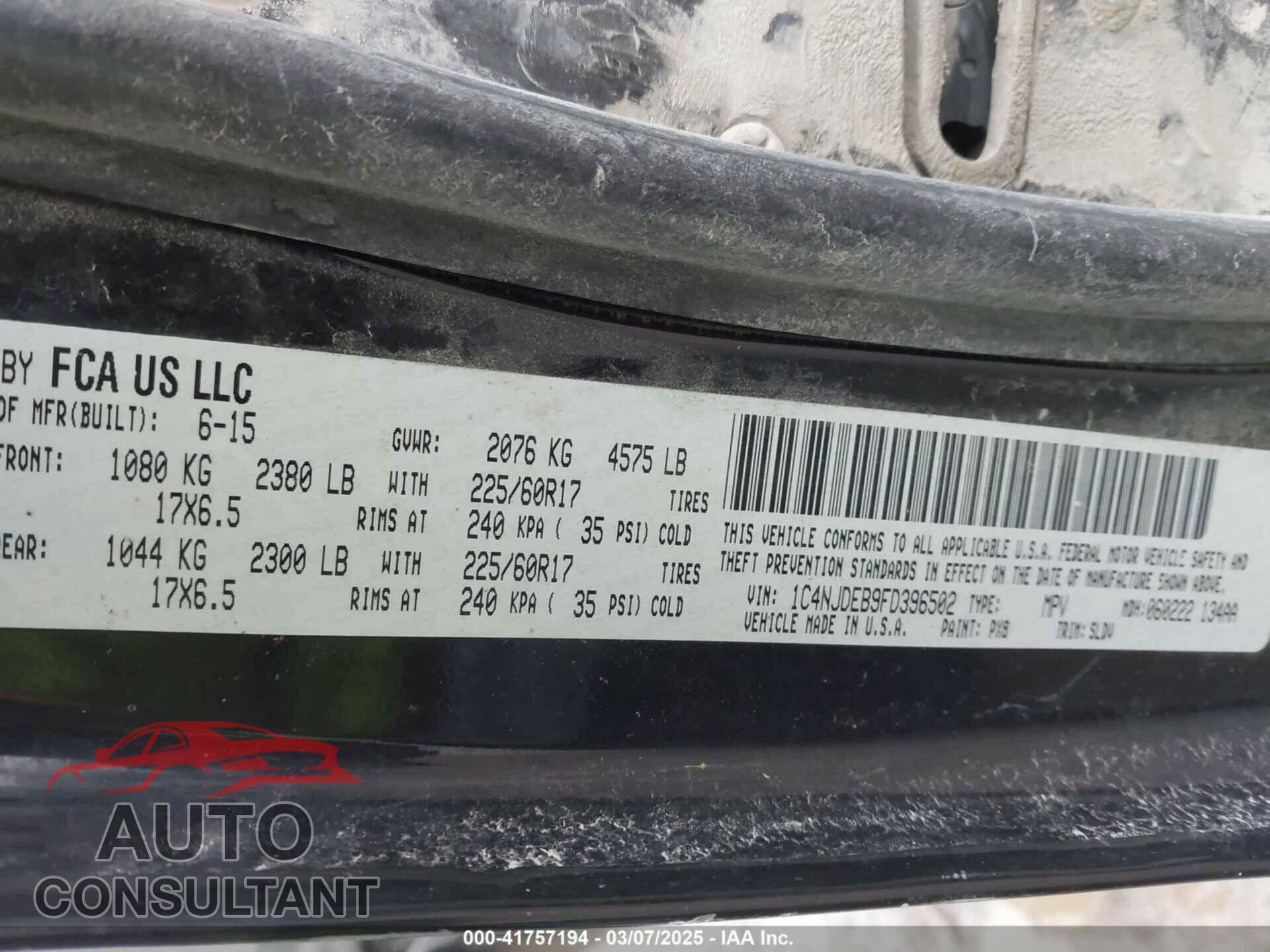 JEEP COMPASS 2015 - 1C4NJDEB9FD396502