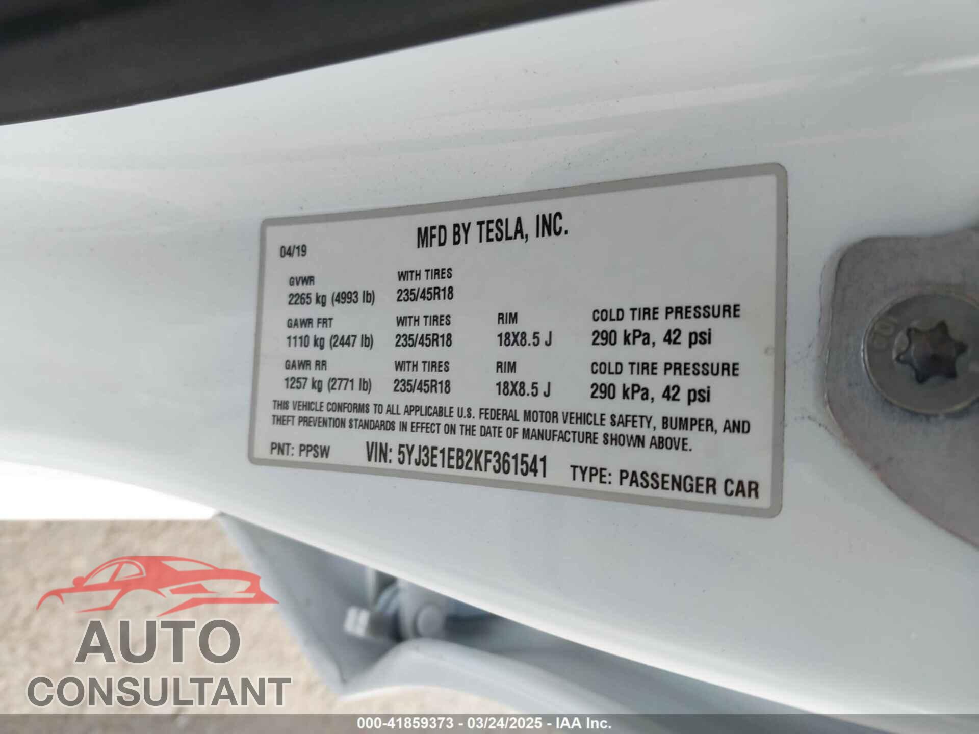 TESLA MODEL 3 2019 - 5YJ3E1EB2KF361541