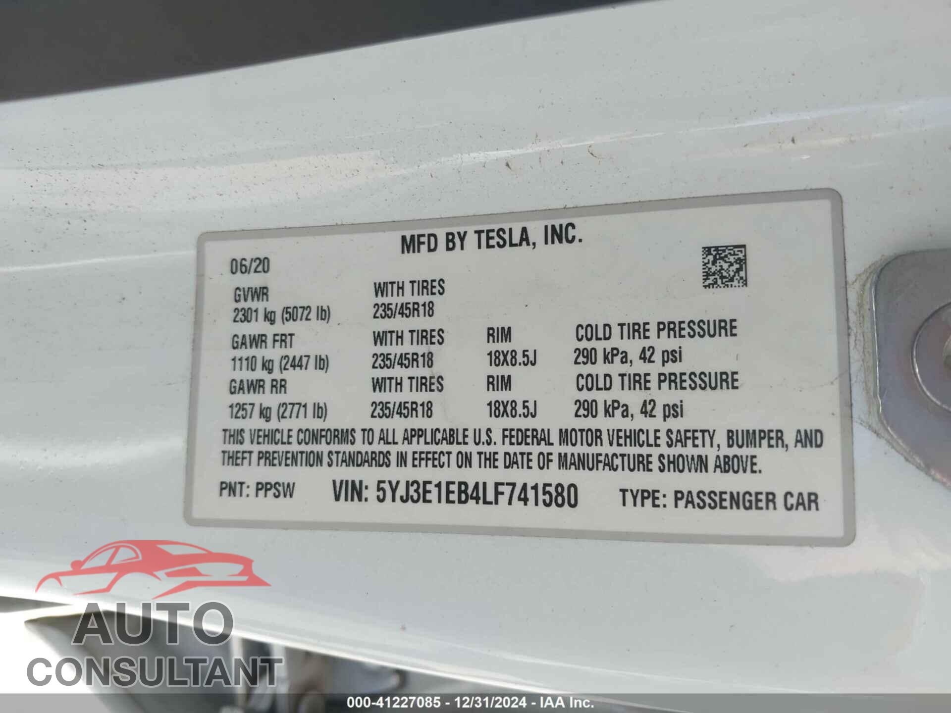 TESLA MODEL 3 2020 - 5YJ3E1EB4LF741580