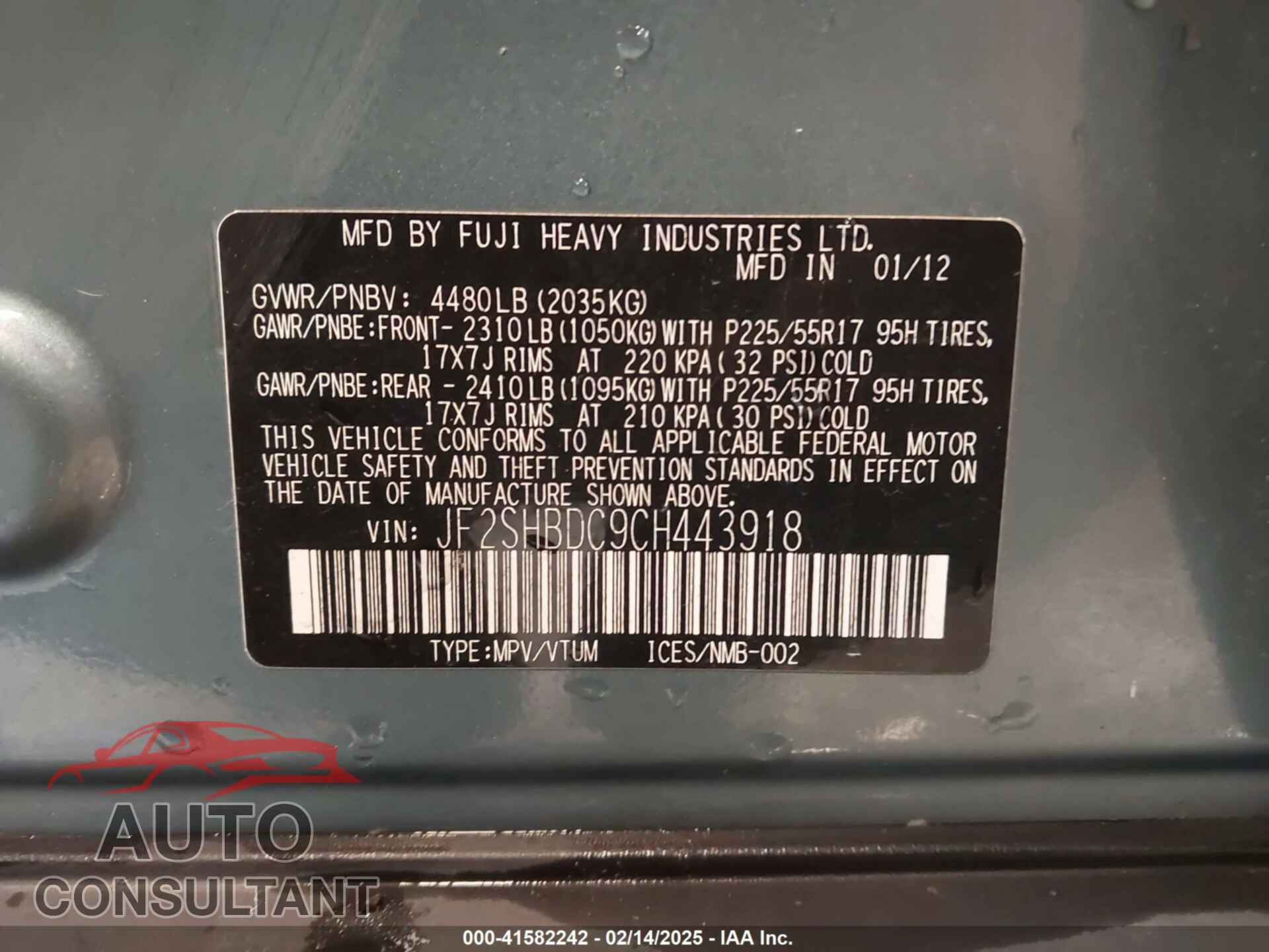 SUBARU FORESTER 2012 - JF2SHBDC9CH443918