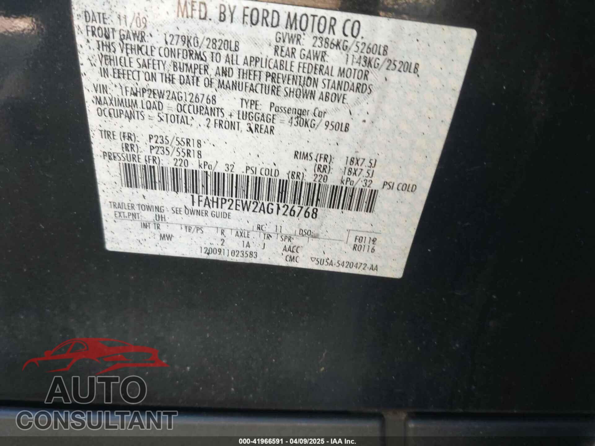 FORD TAURUS 2010 - 1FAHP2EW2AG126768