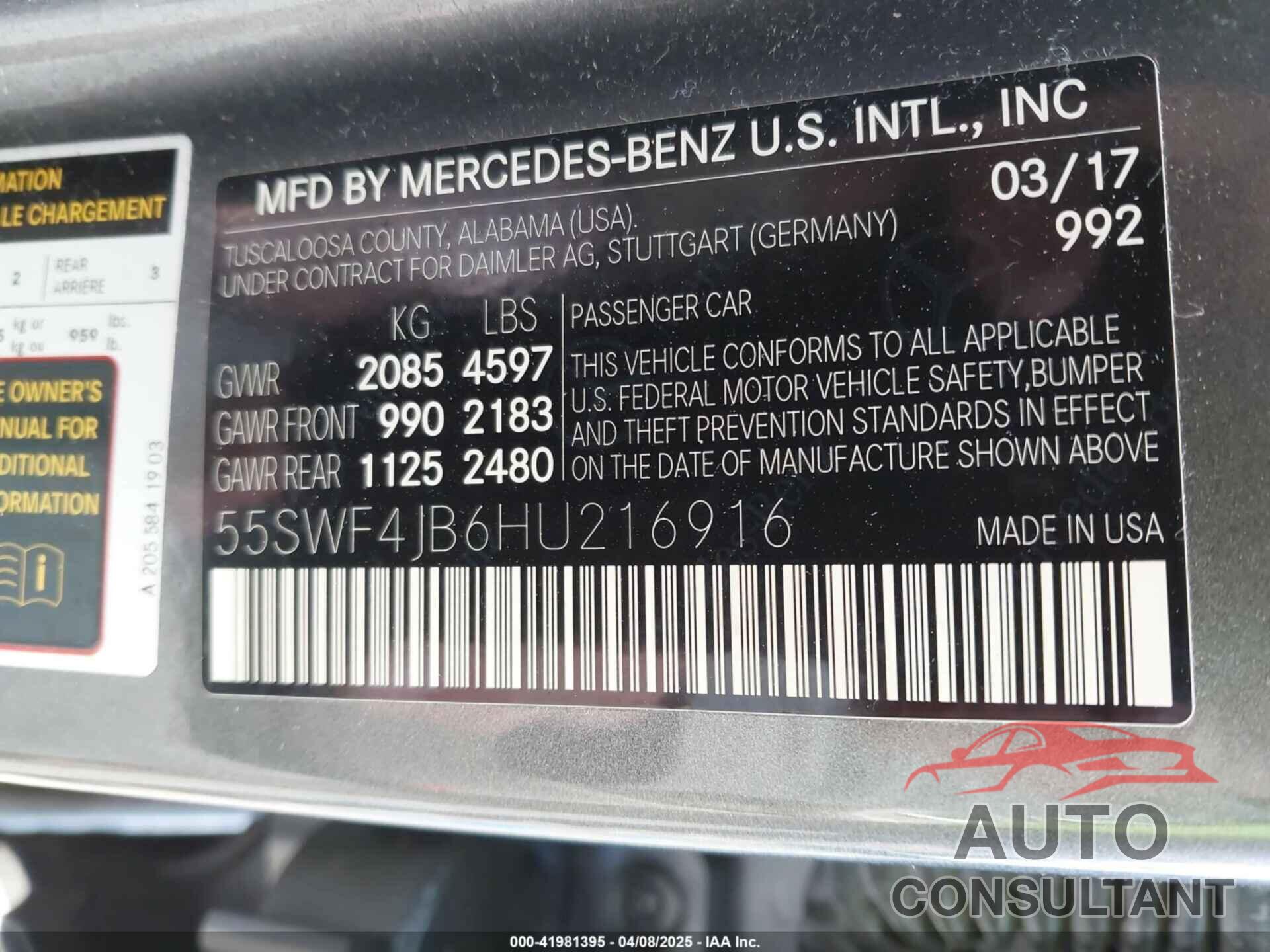 MERCEDES-BENZ C 300 2017 - 55SWF4JB6HU216916
