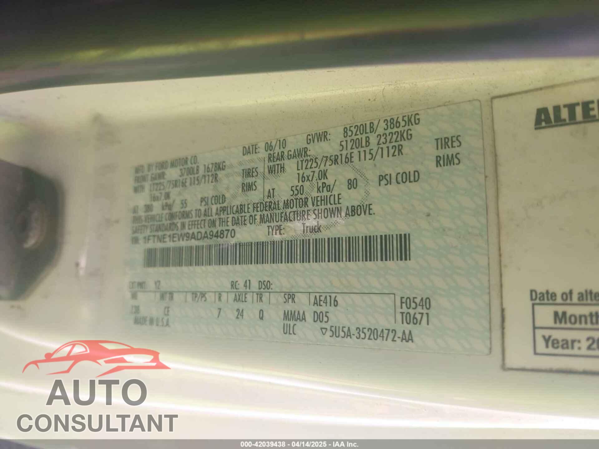 FORD E-150 2010 - 1FTNE1EW9ADA94870