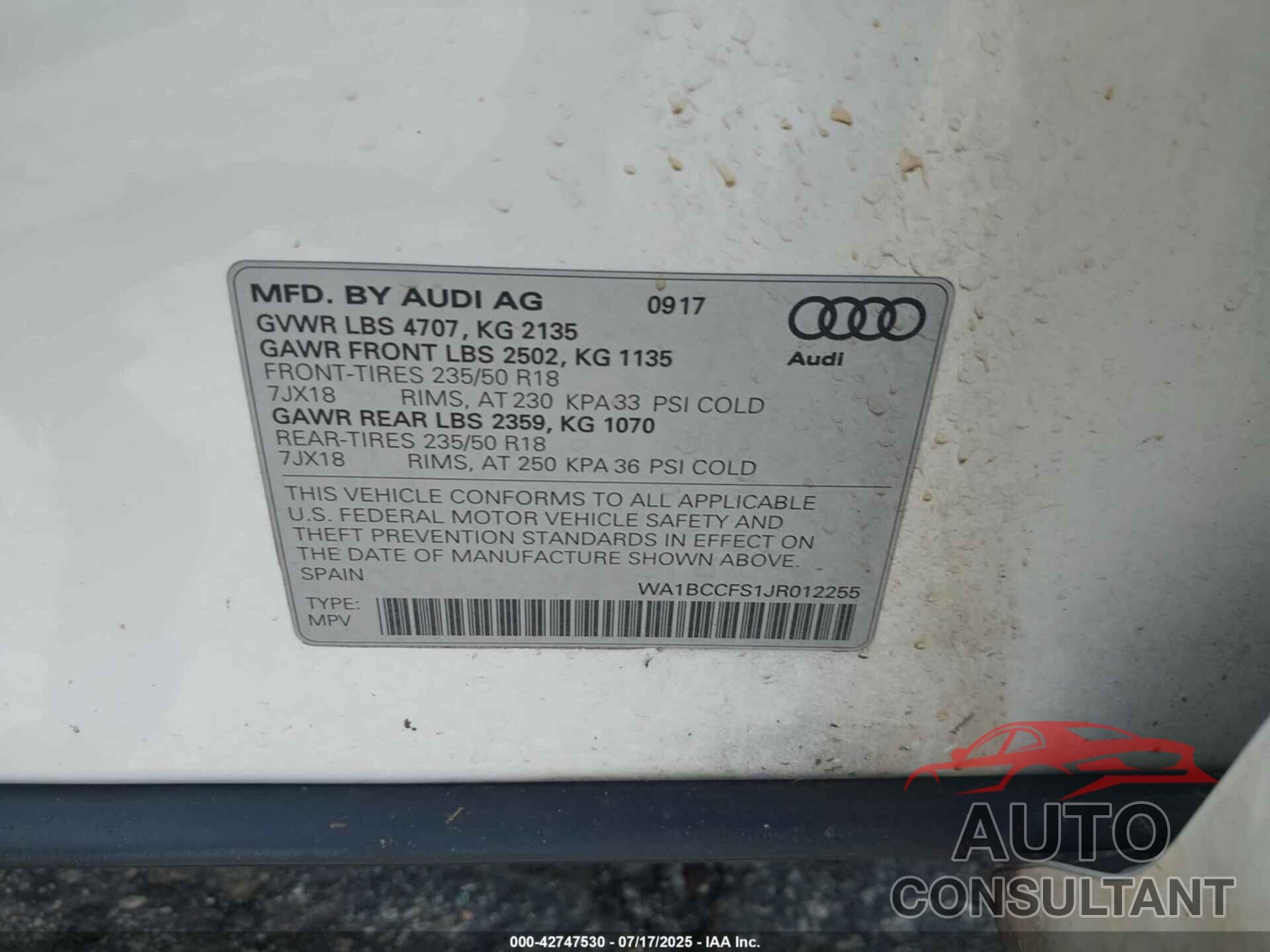 AUDI Q3 2018 - WA1BCCFS1JR012255