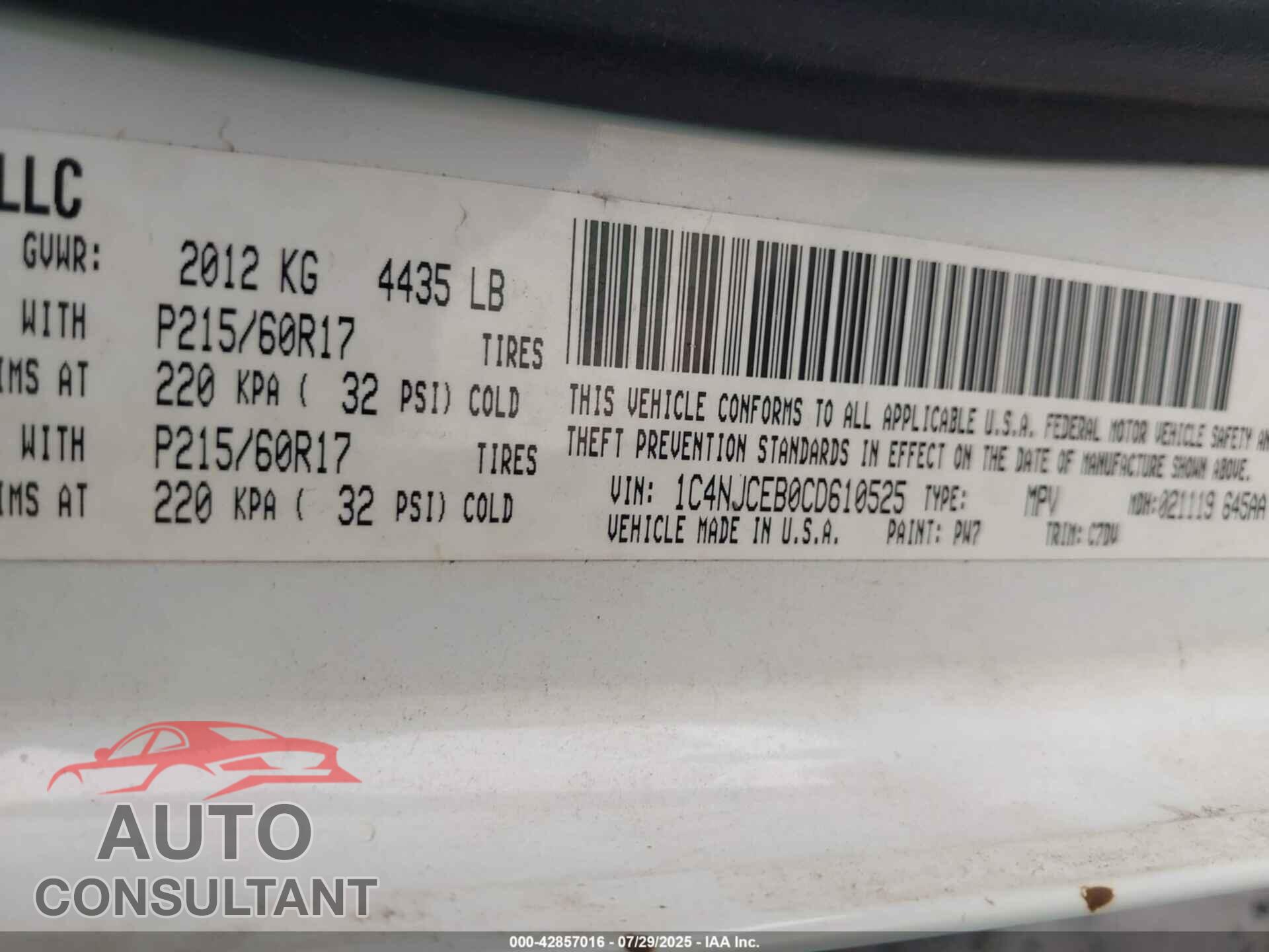 JEEP COMPASS 2012 - 1C4NJCEB0CD610525