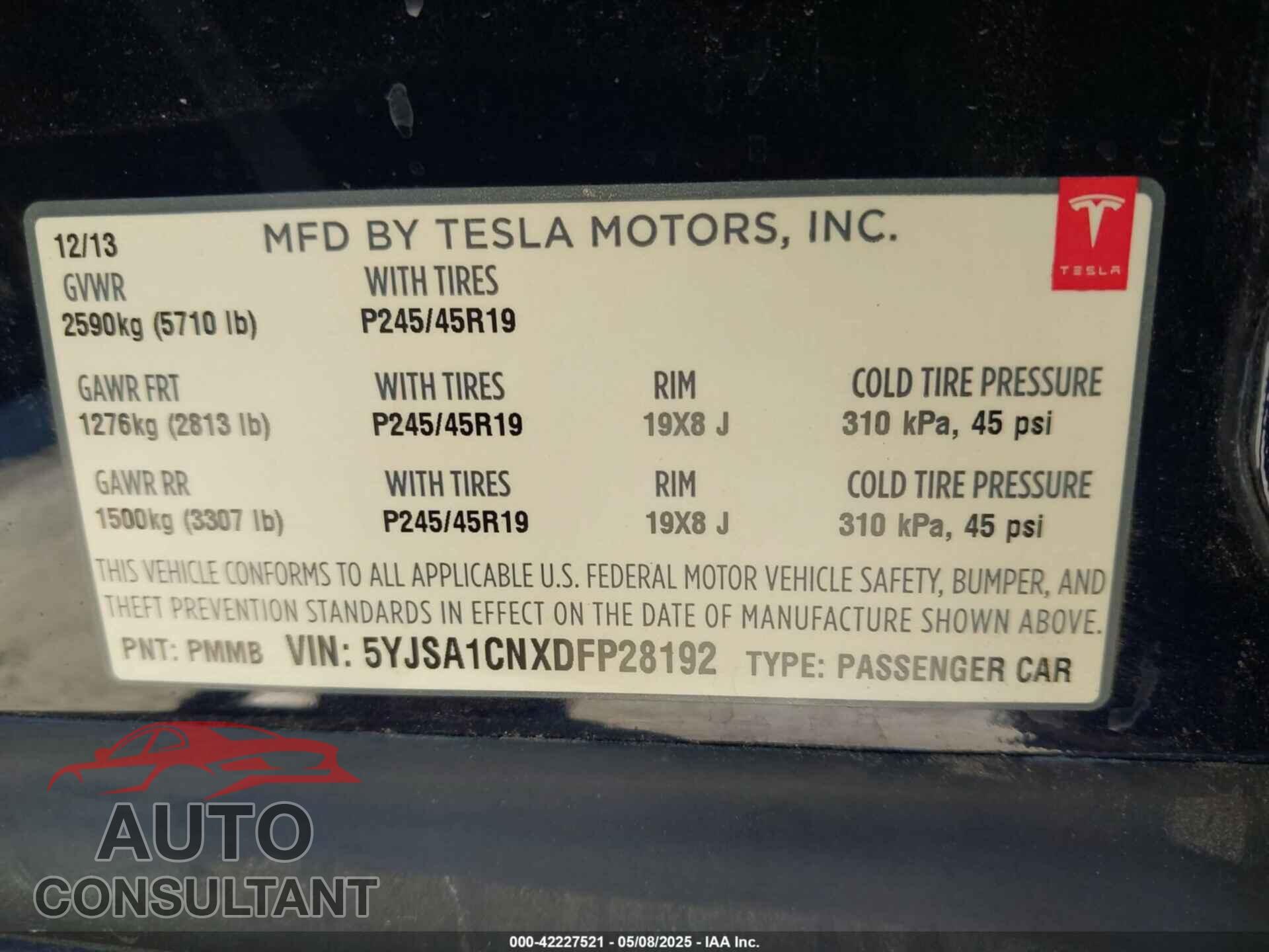 TESLA MODEL S 2013 - 5YJSA1CNXDFP28192
