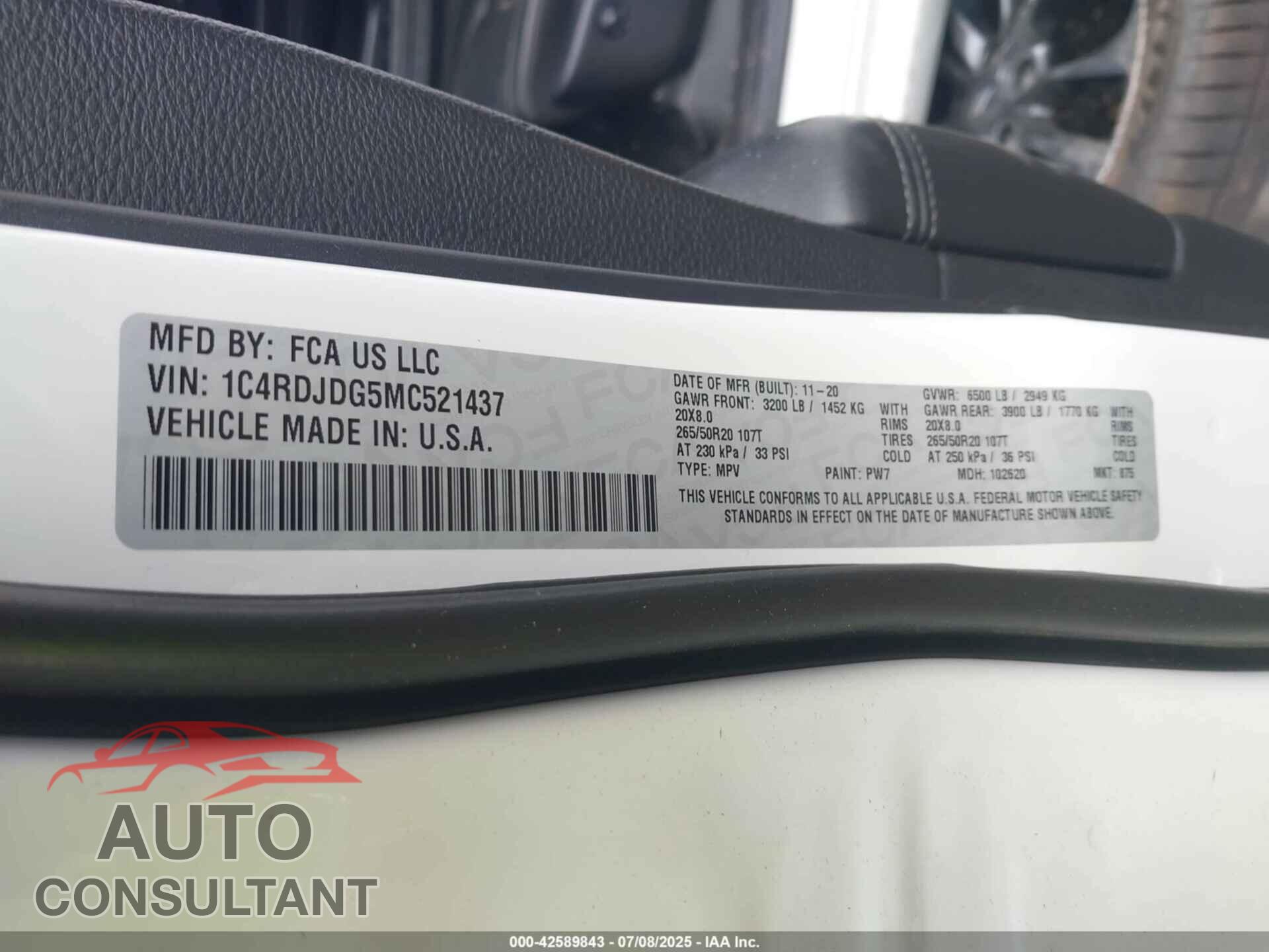 DODGE DURANGO 2021 - 1C4RDJDG5MC521437