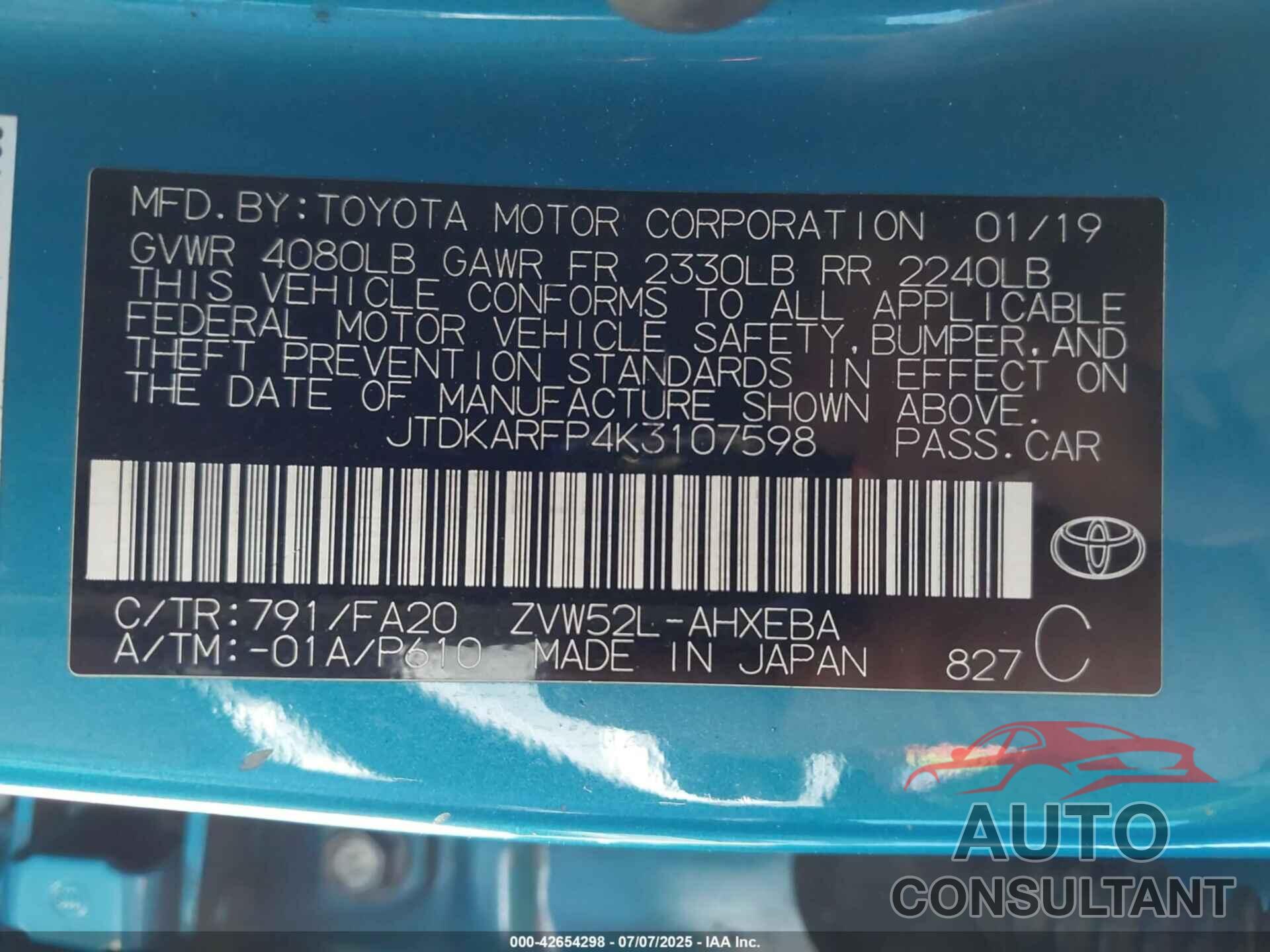TOYOTA PRIUS PRIME 2019 - JTDKARFP4K3107598