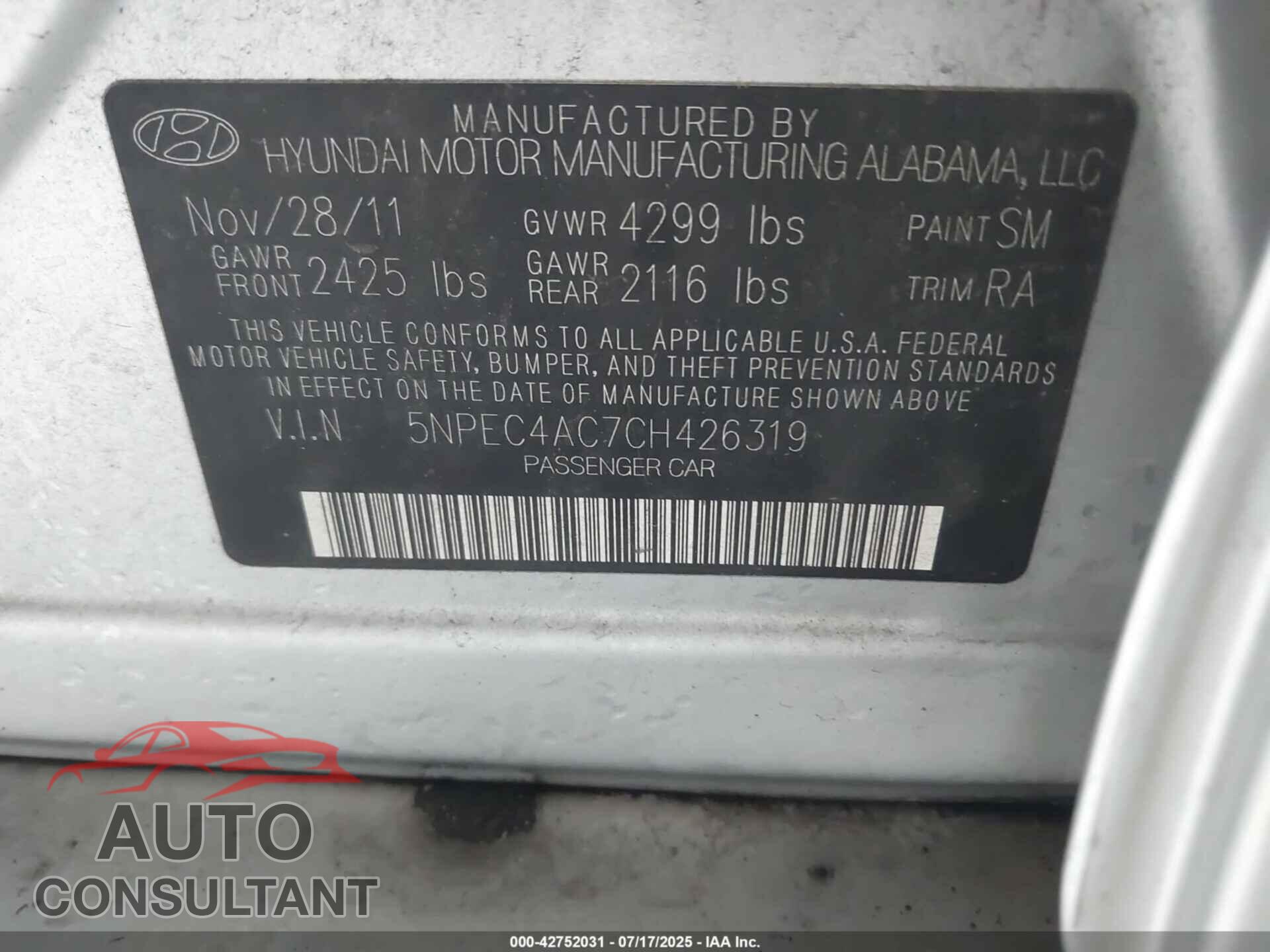 HYUNDAI SONATA 2012 - 5NPEC4AC7CH426319