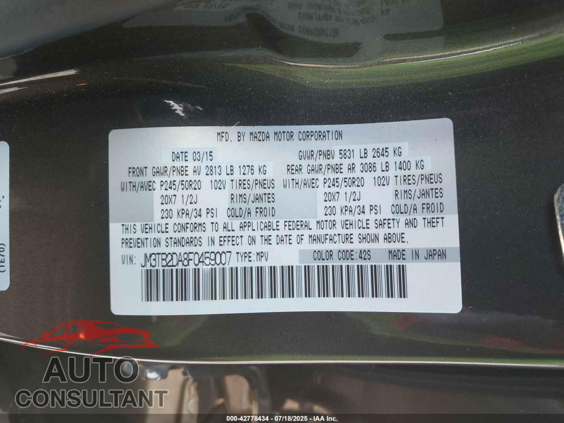 MAZDA CX-9 2015 - JM3TB2DA8F0459007