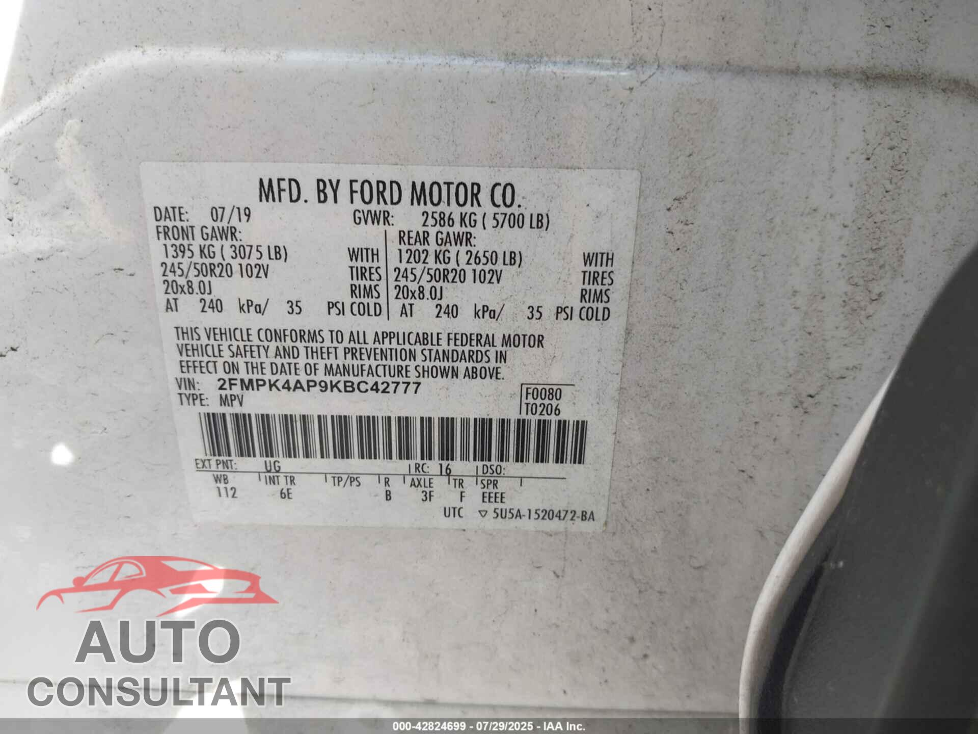 FORD EDGE 2019 - 2FMPK4AP9KBC42777