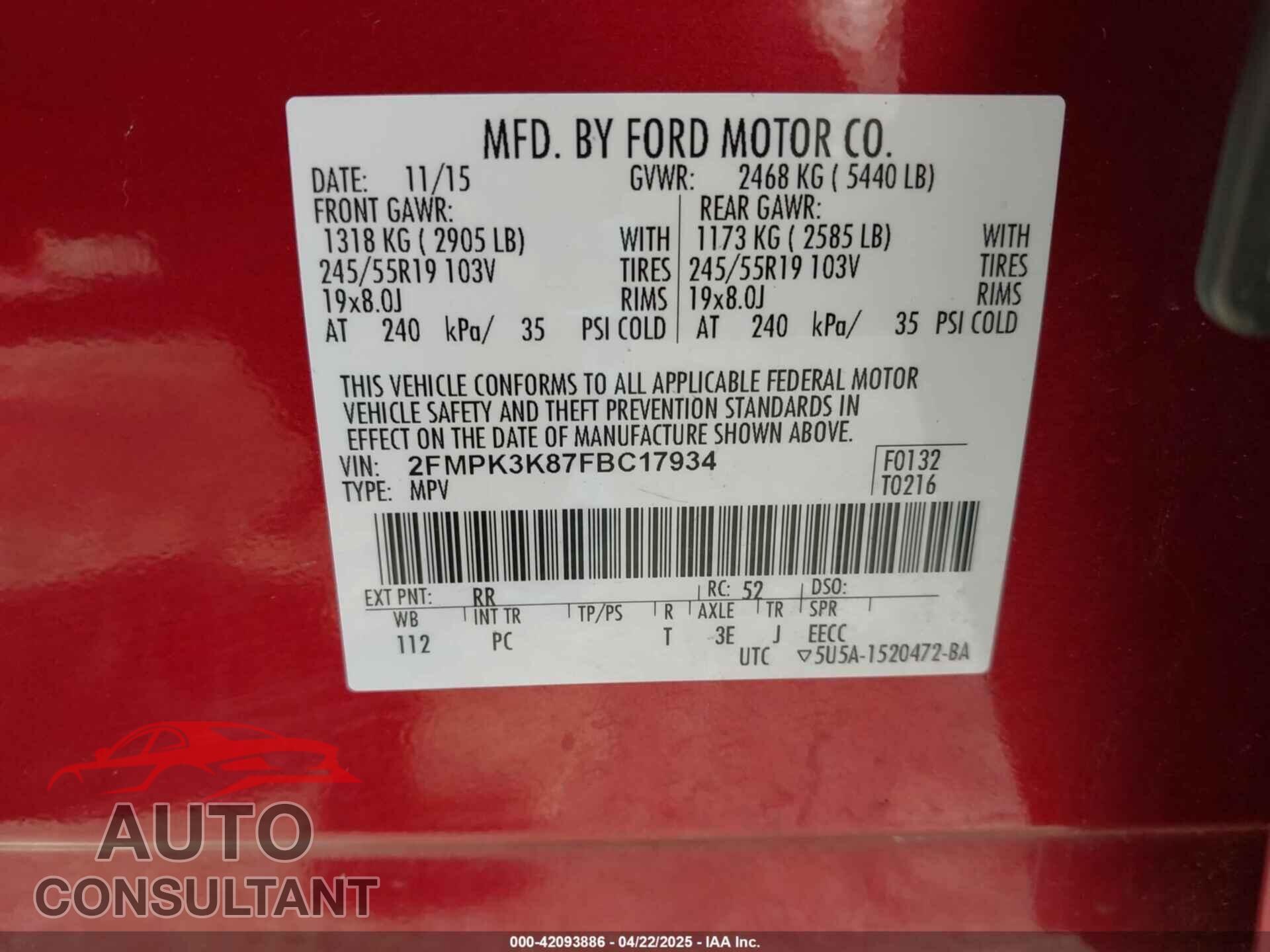 FORD EDGE 2015 - 2FMPK3K87FBC17934