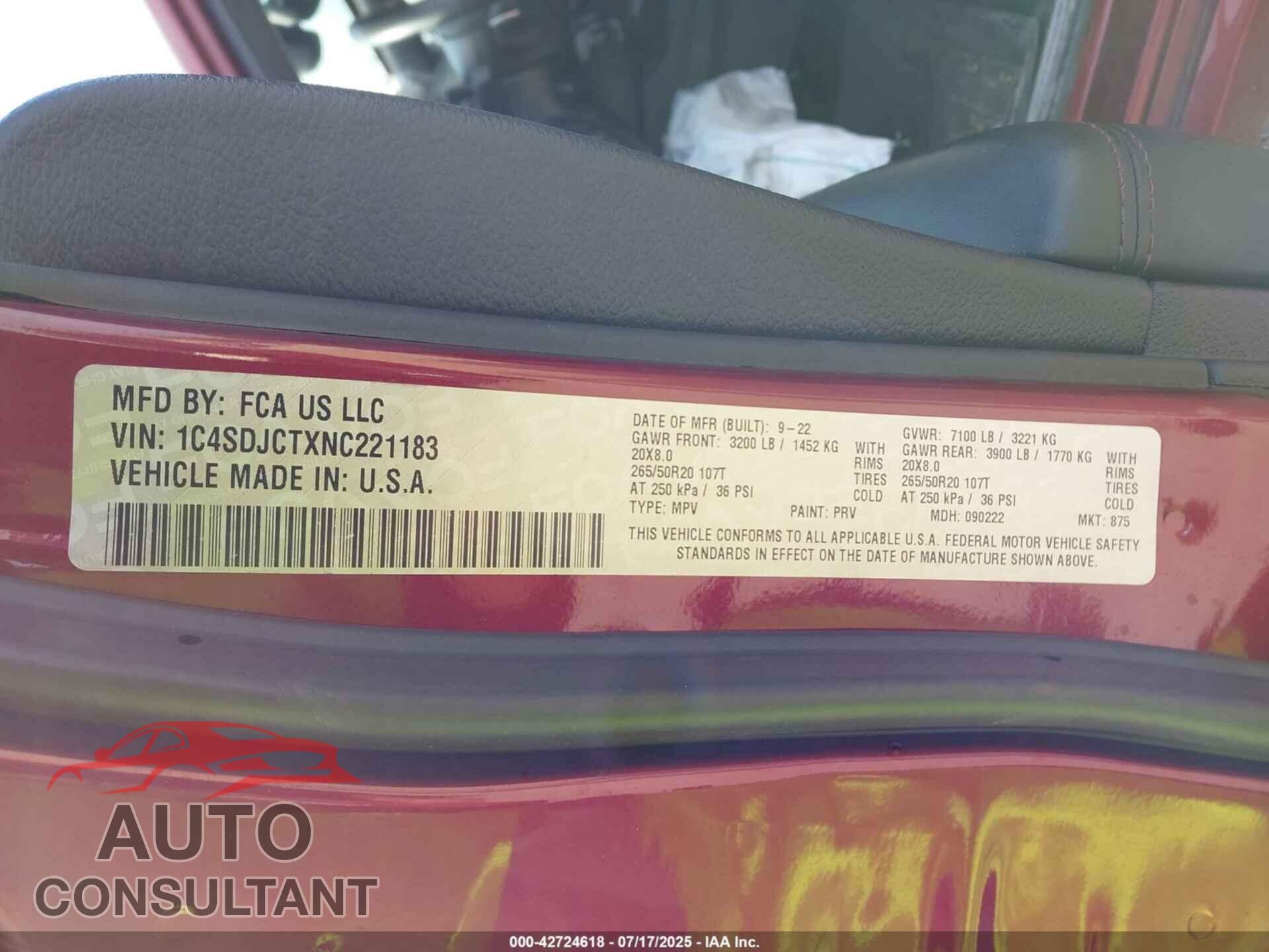 DODGE DURANGO 2022 - 1C4SDJCTXNC221183