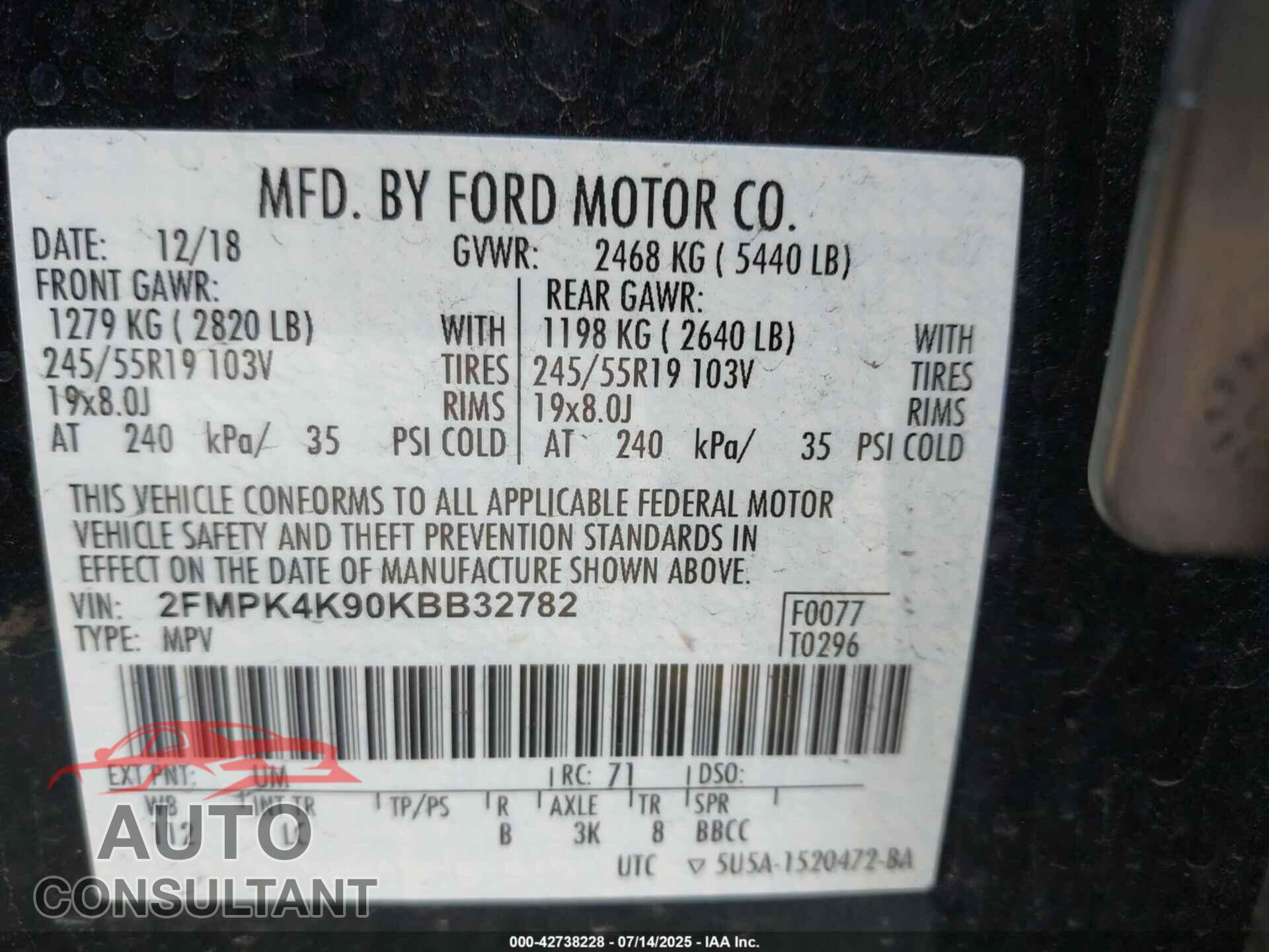 FORD EDGE 2019 - 2FMPK4K90KBB32782