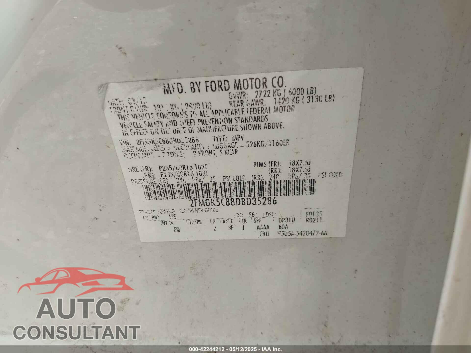 FORD FLEX 2013 - 2FMGK5C88DBD35286