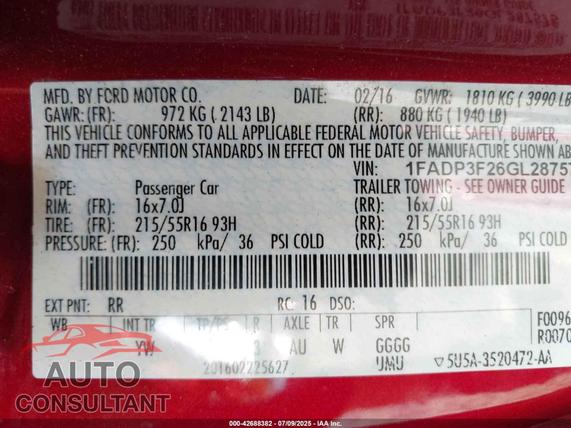 FORD FOCUS 2016 - 1FADP3F26GL287575