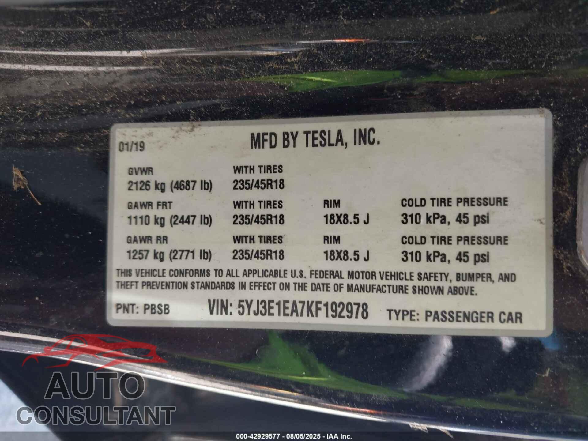 TESLA MODEL 3 2019 - 5YJ3E1EA7KF192978