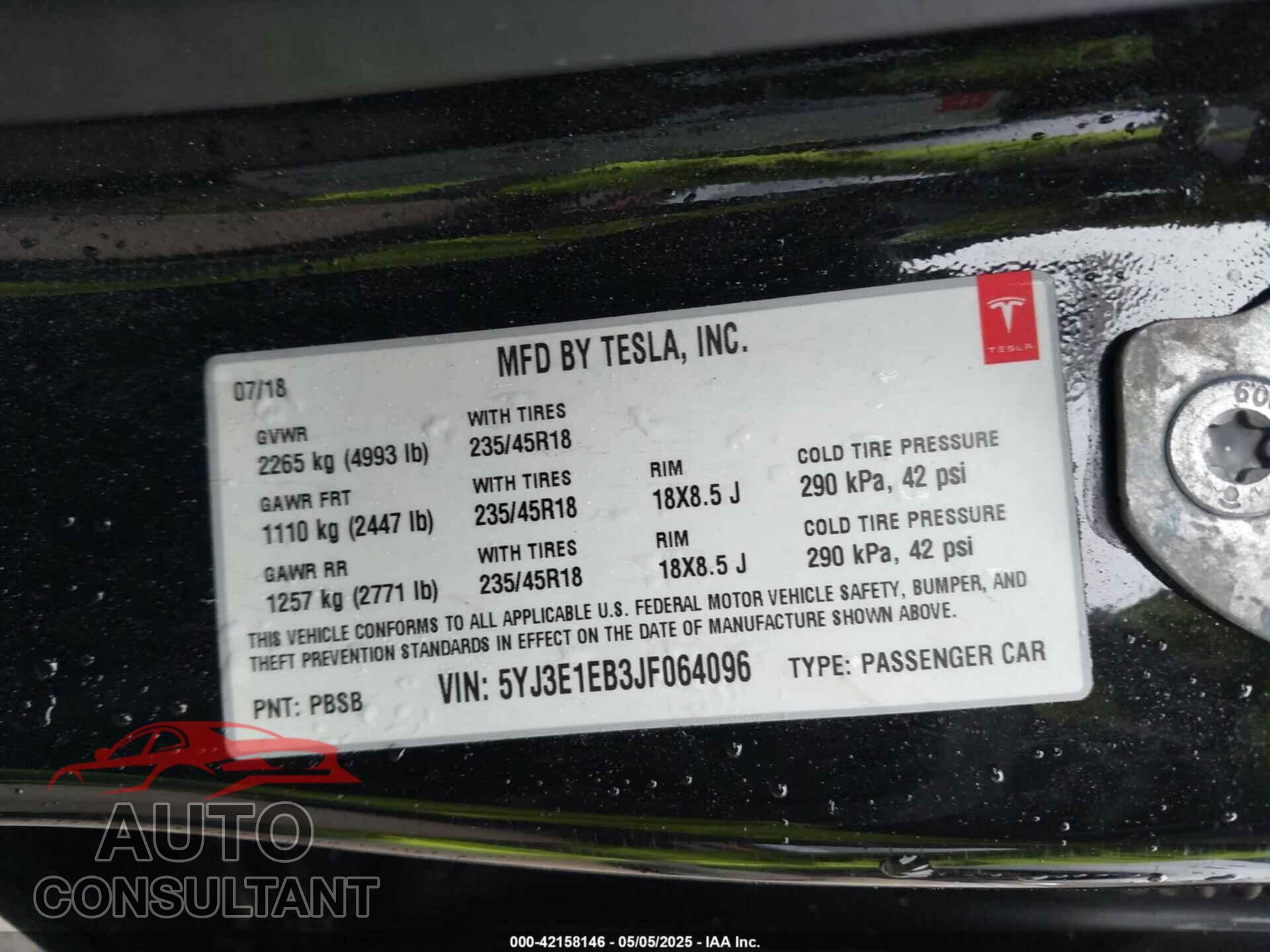 TESLA MODEL 3 2018 - 5YJ3E1EB3JF064096