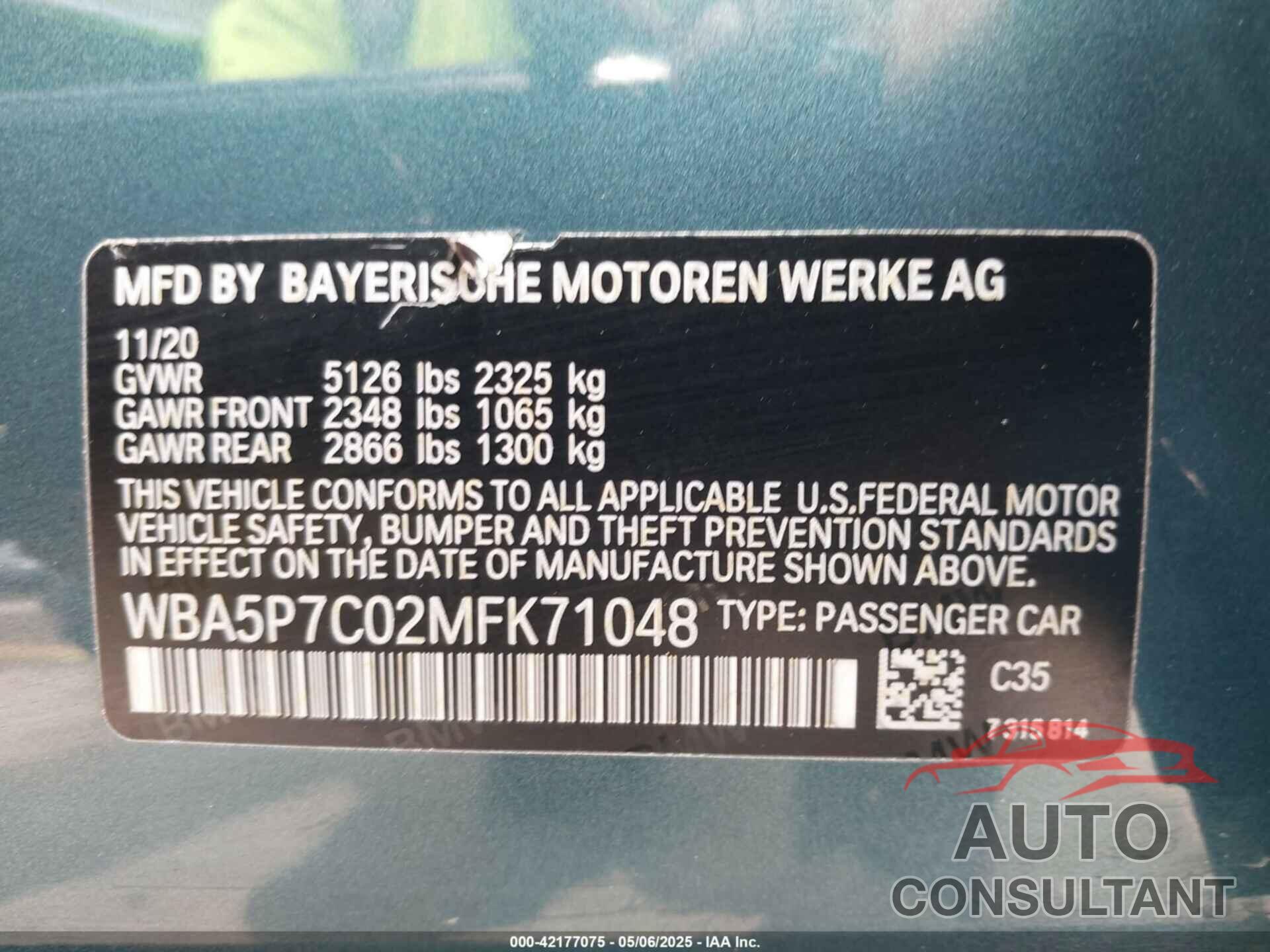 BMW 3 SERIES 2021 - WBA5P7C02MFK71048