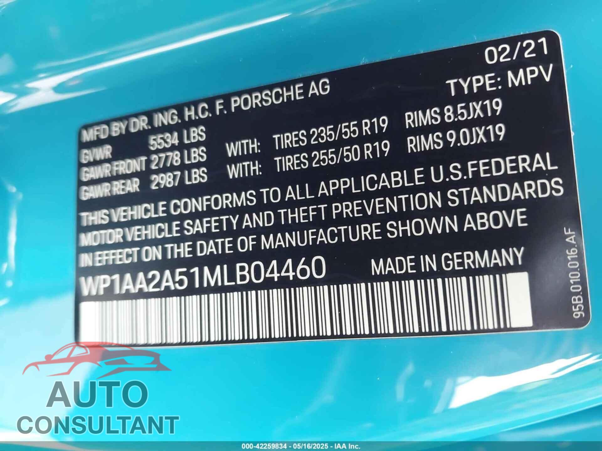 PORSCHE MACAN 2021 - WP1AA2A51MLB04460