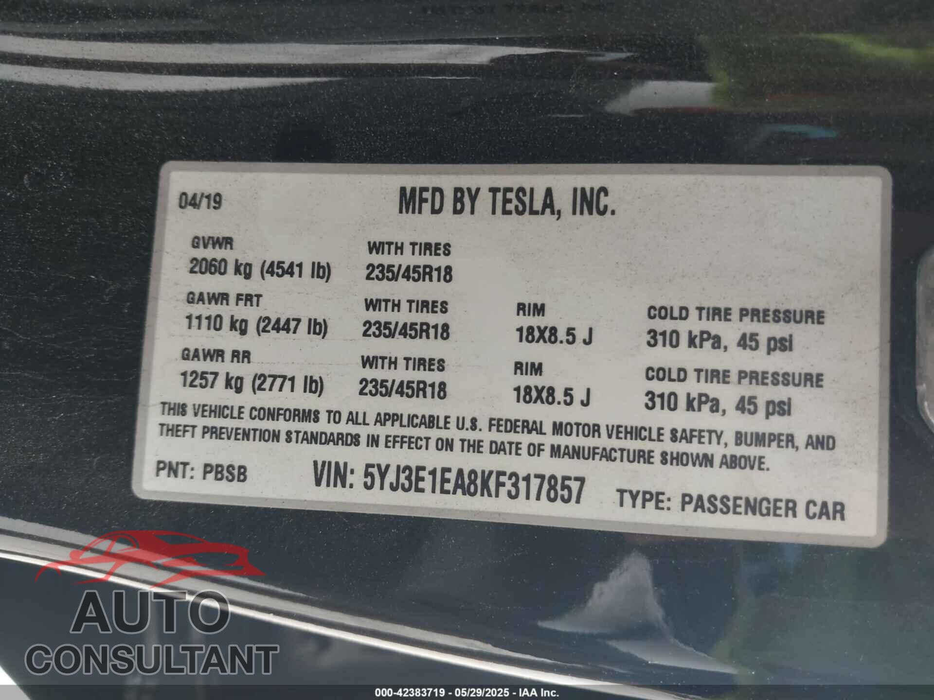 TESLA MODEL 3 2019 - 5YJ3E1EA8KF317857