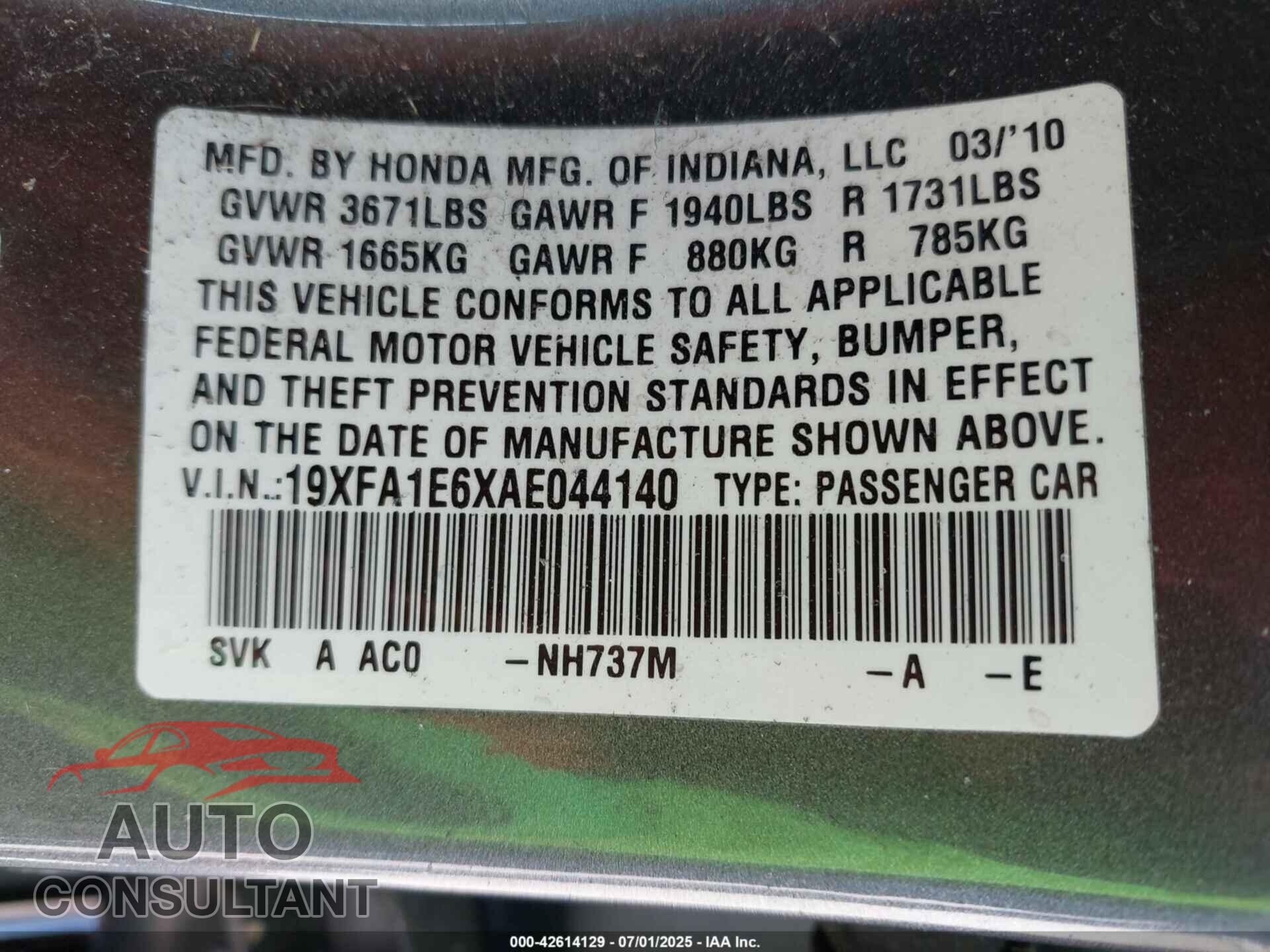 HONDA CIVIC 2010 - 19XFA1E6XAE044140