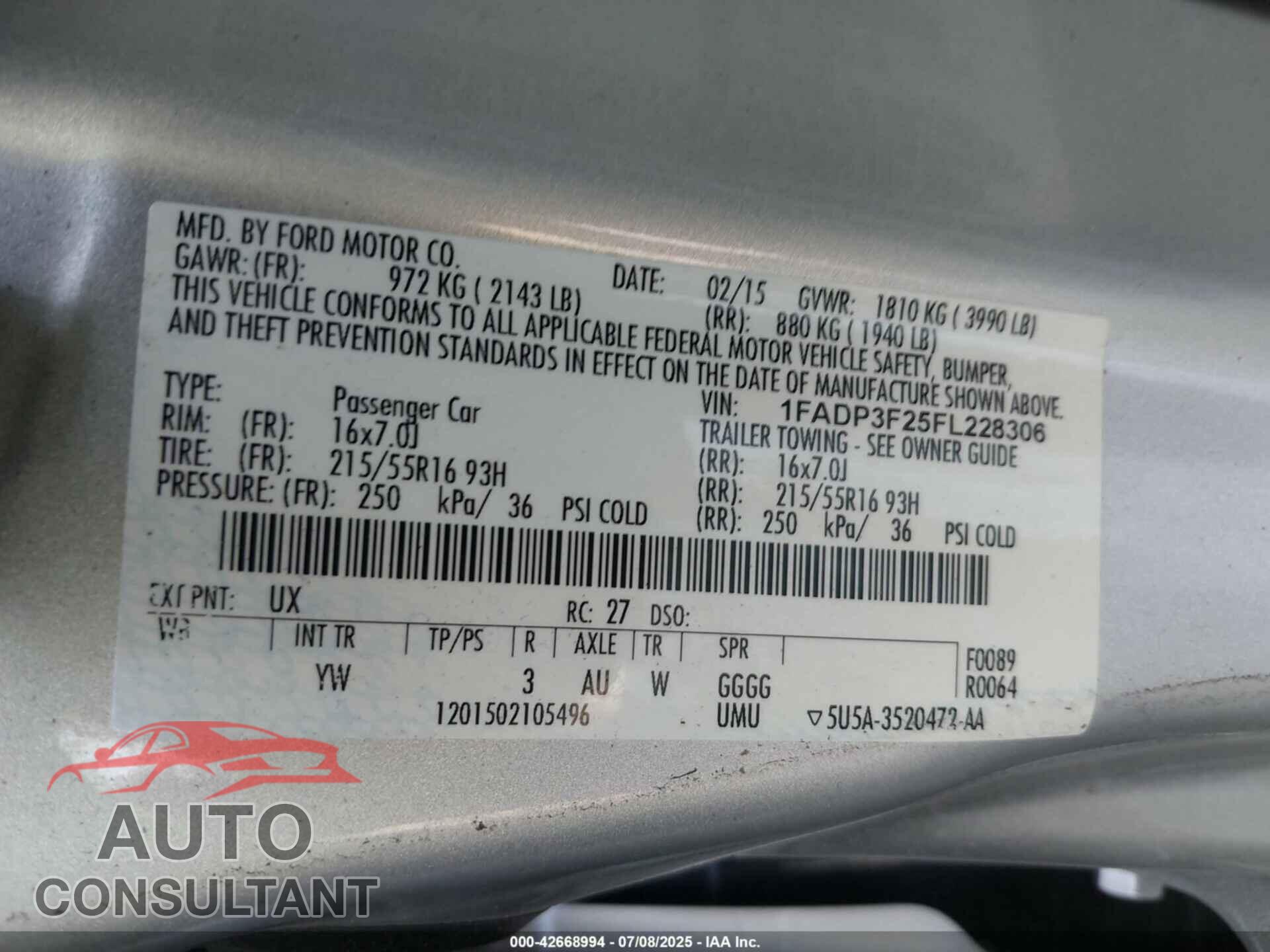 FORD FOCUS 2015 - 1FADP3F25FL228306