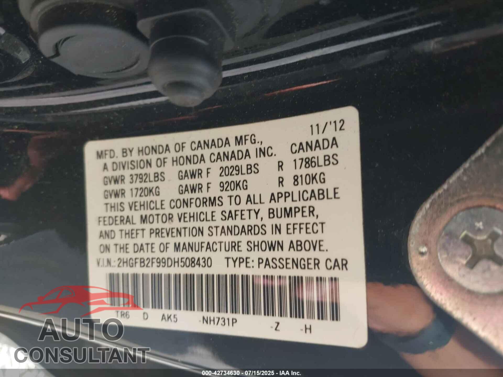 HONDA CIVIC 2013 - 2HGFB2F99DH508430