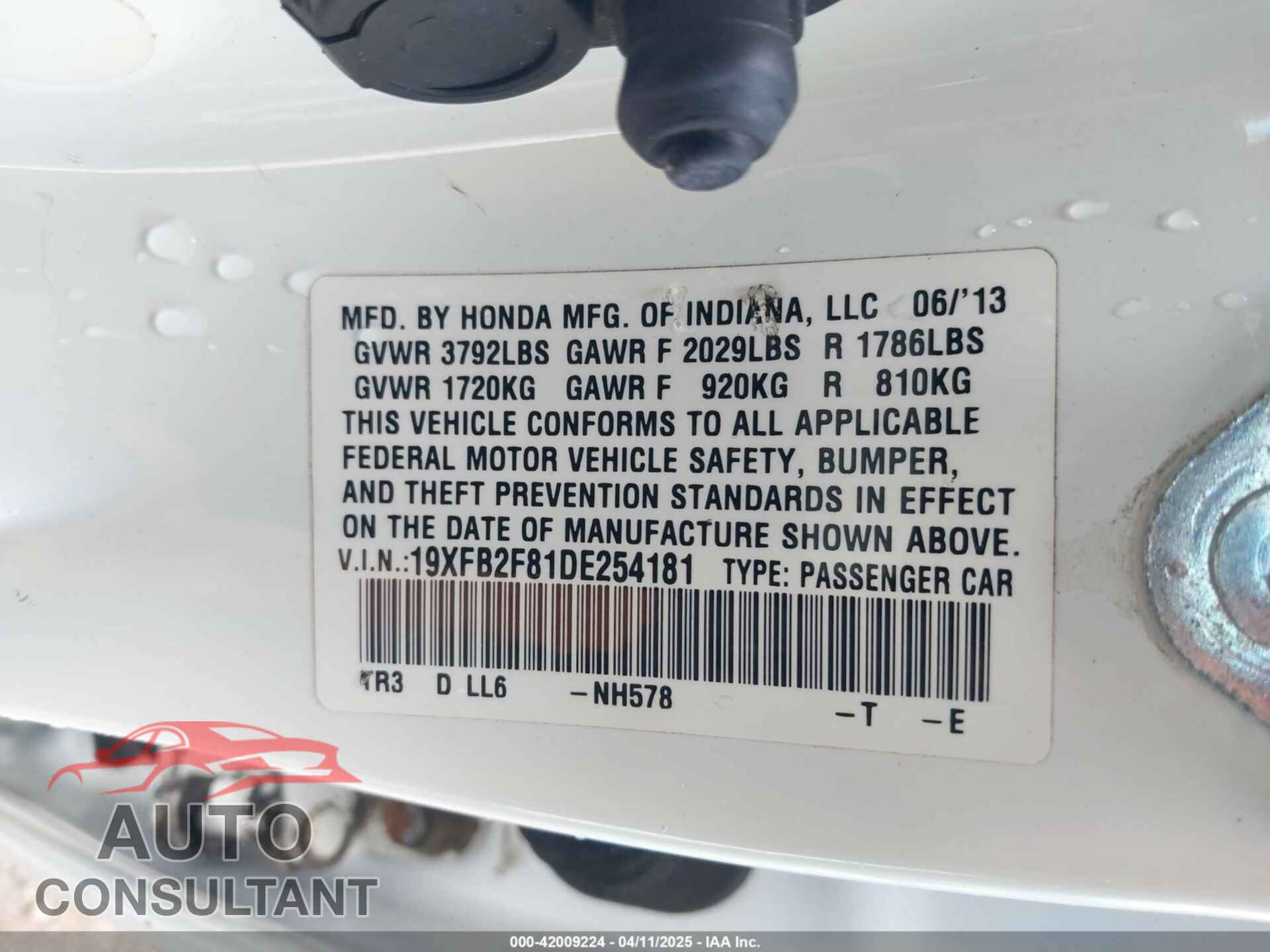 HONDA CIVIC 2013 - 19XFB2F81DE254181