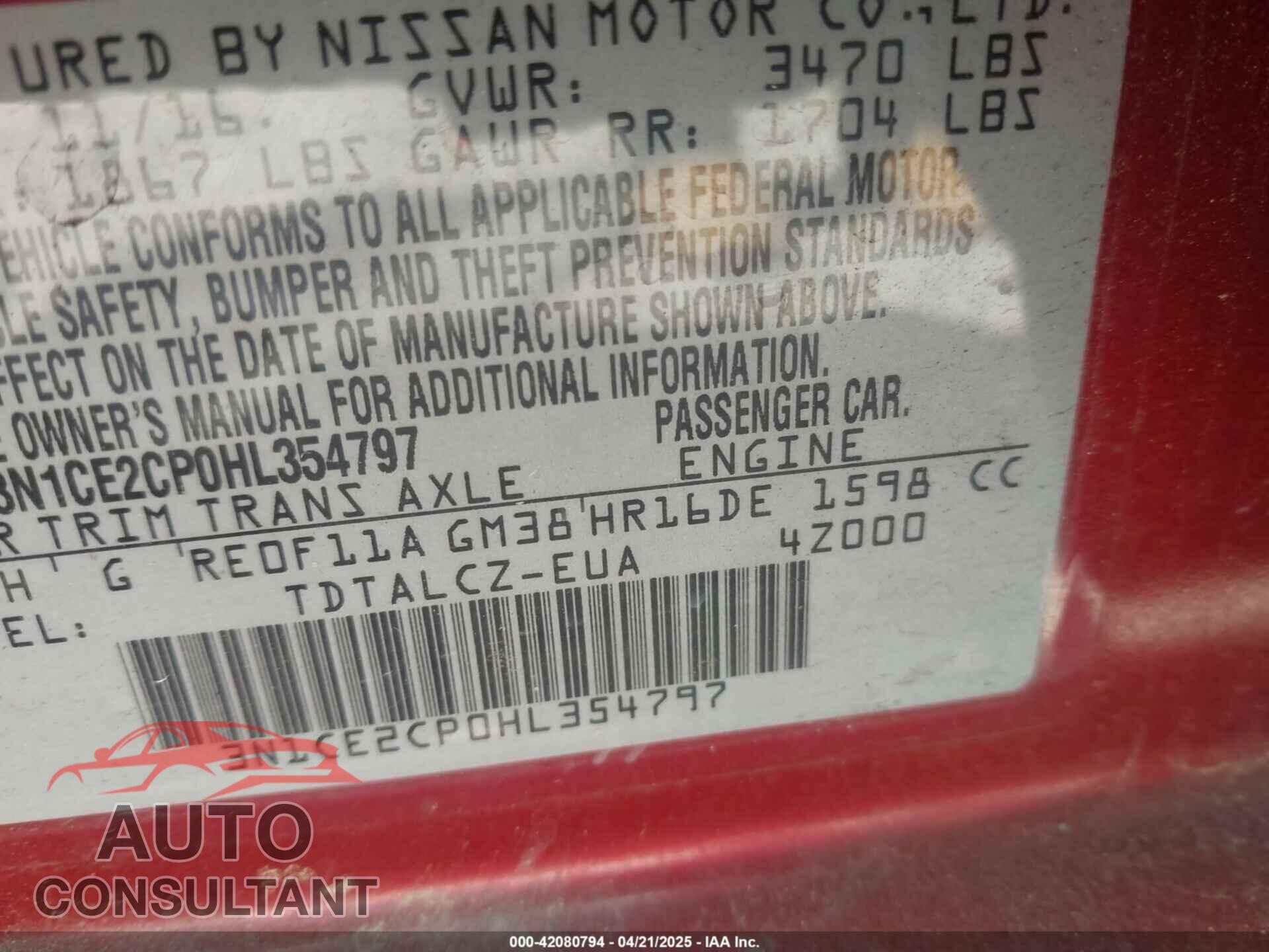 NISSAN VERSA NOTE 2017 - 3N1CE2CP0HL354797
