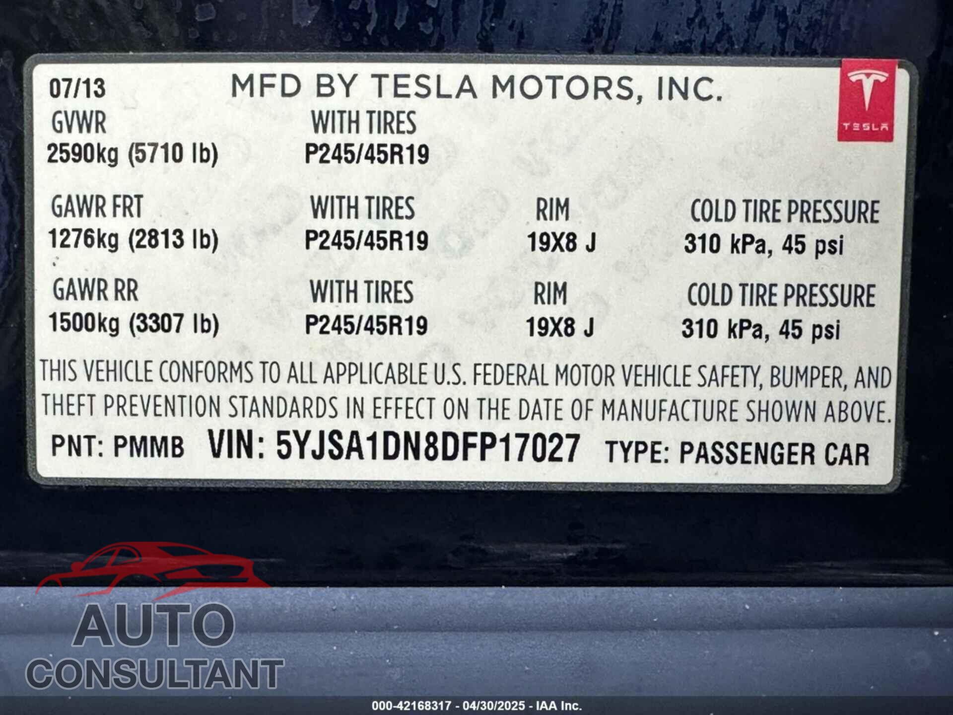 TESLA MODEL S 2013 - 5YJSA1DN8DFP17027
