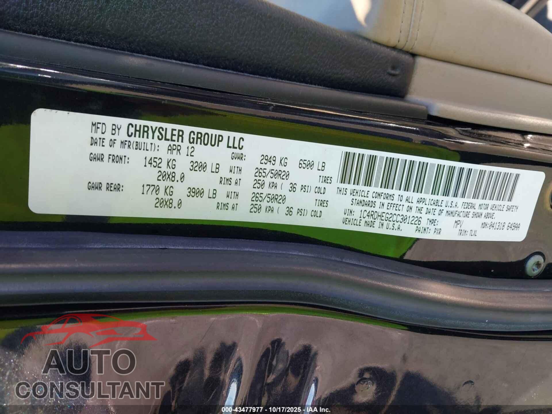 DODGE DURANGO 2012 - 1C4RDHEG2CC301226