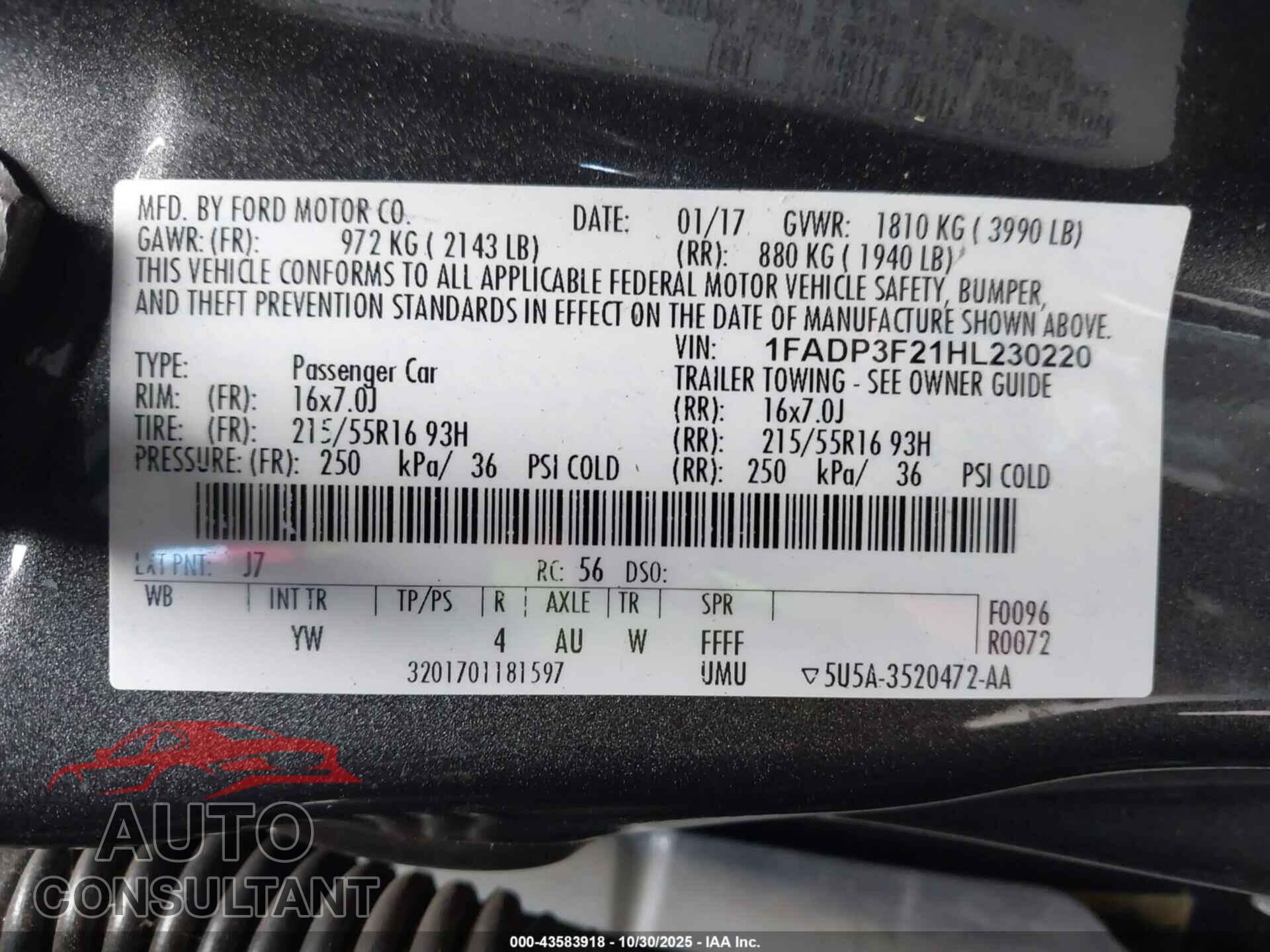 FORD FOCUS 2017 - 1FADP3F21HL230220