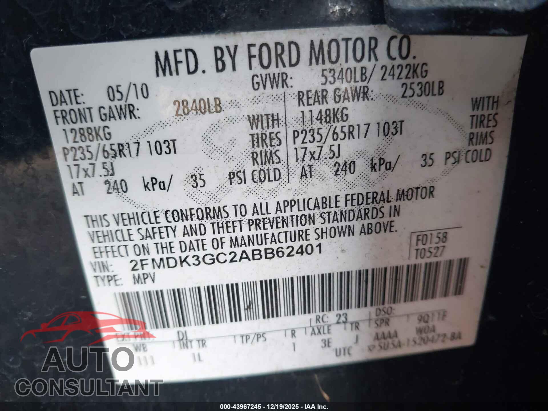 FORD EDGE 2010 - 2FMDK3GC2ABB62401
