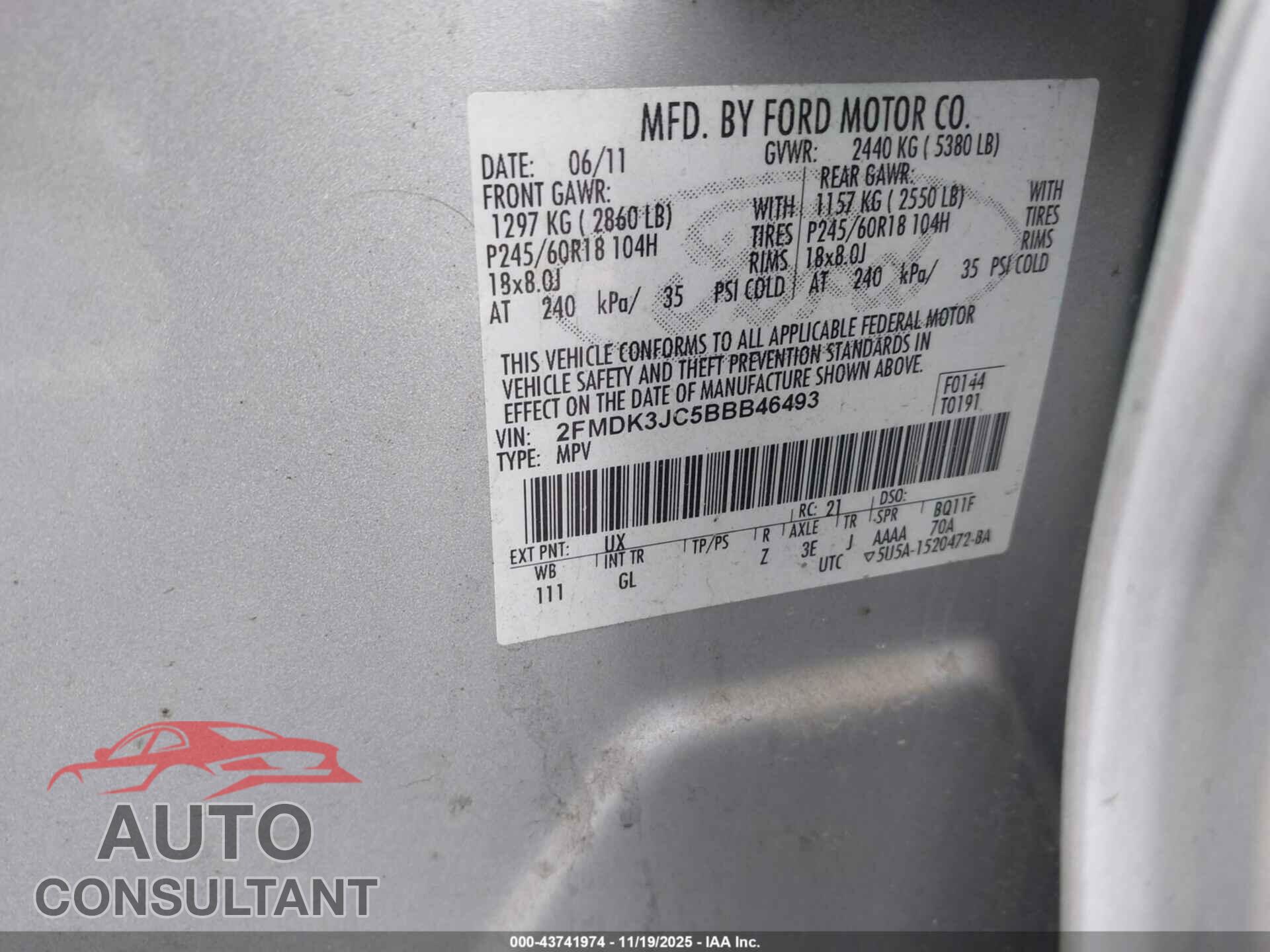 FORD EDGE 2011 - 2FMDK3JC5BBB46493