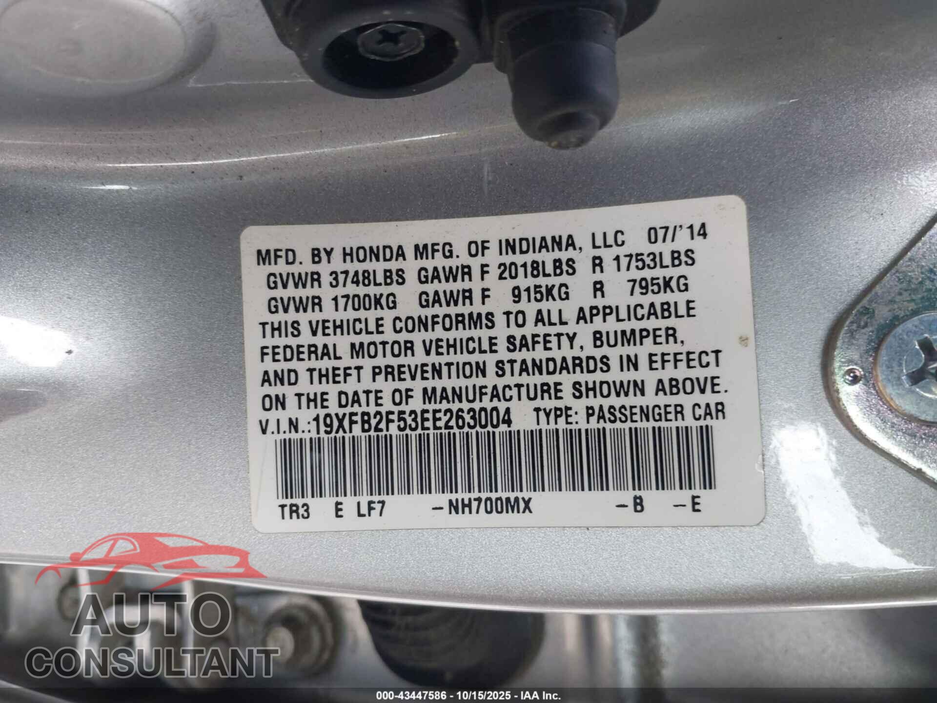 HONDA CIVIC 2014 - 19XFB2F53EE263004