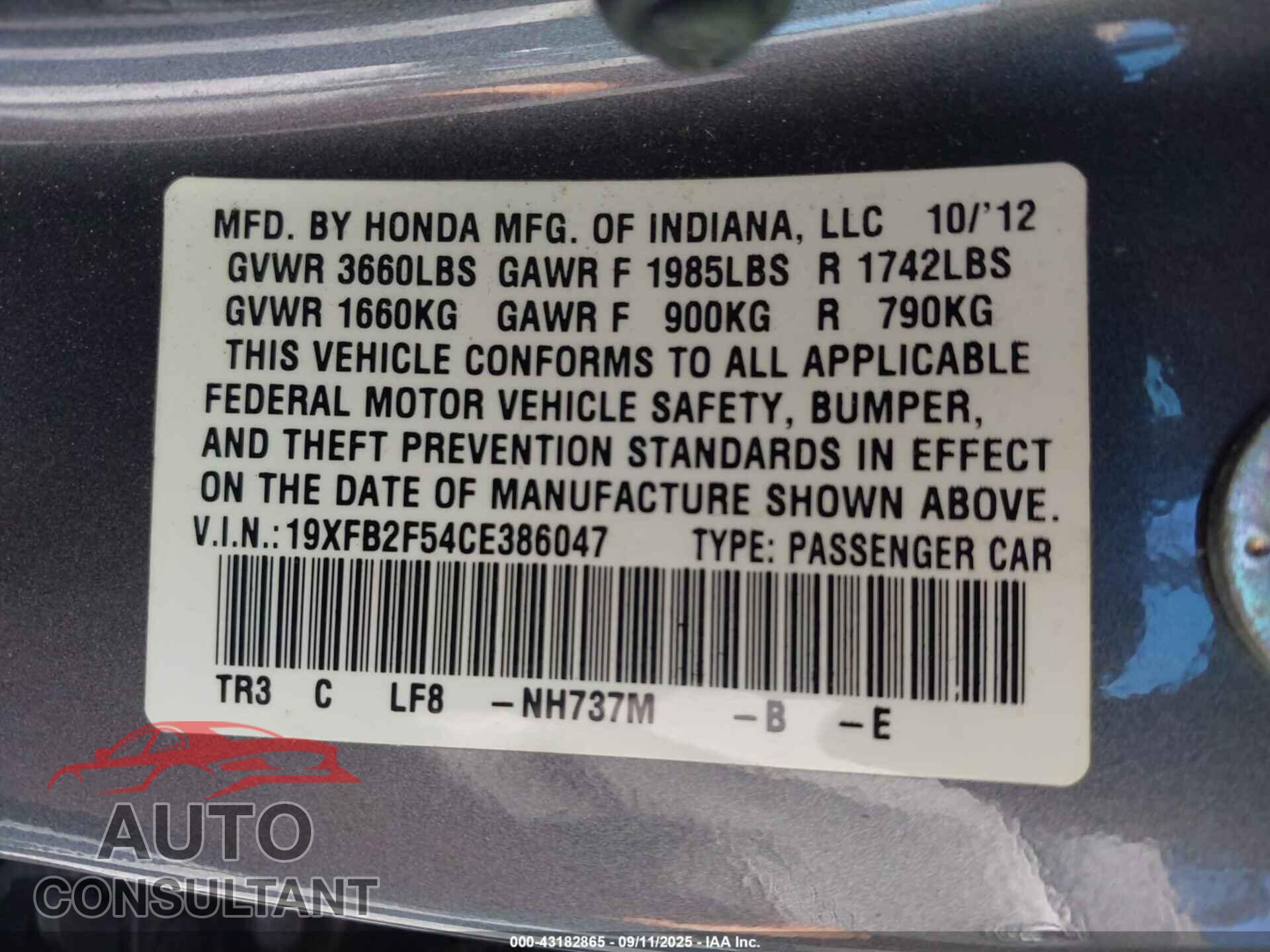 HONDA CIVIC 2012 - 19XFB2F54CE386047