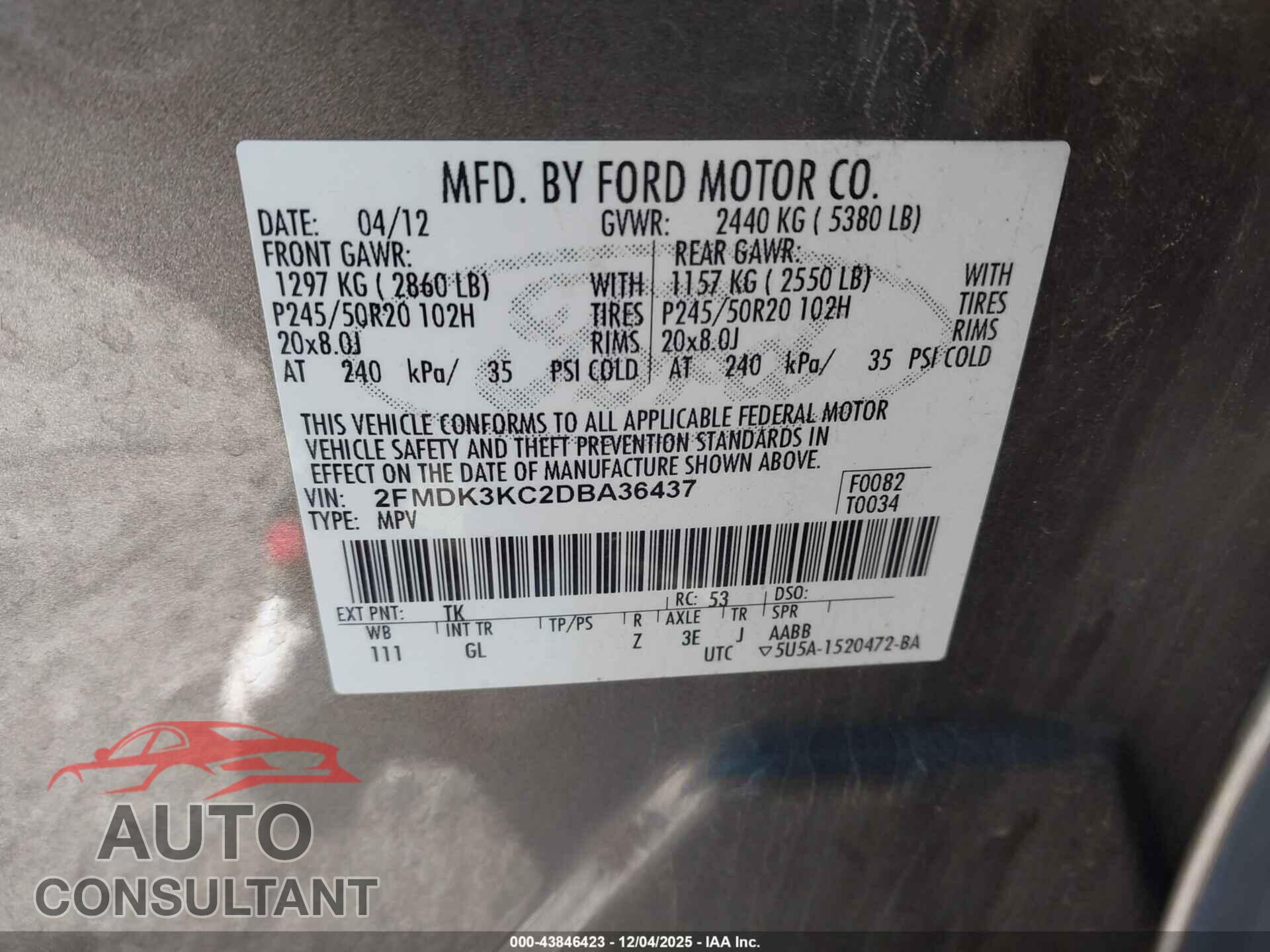 FORD EDGE 2013 - 2FMDK3KC2DBA36437