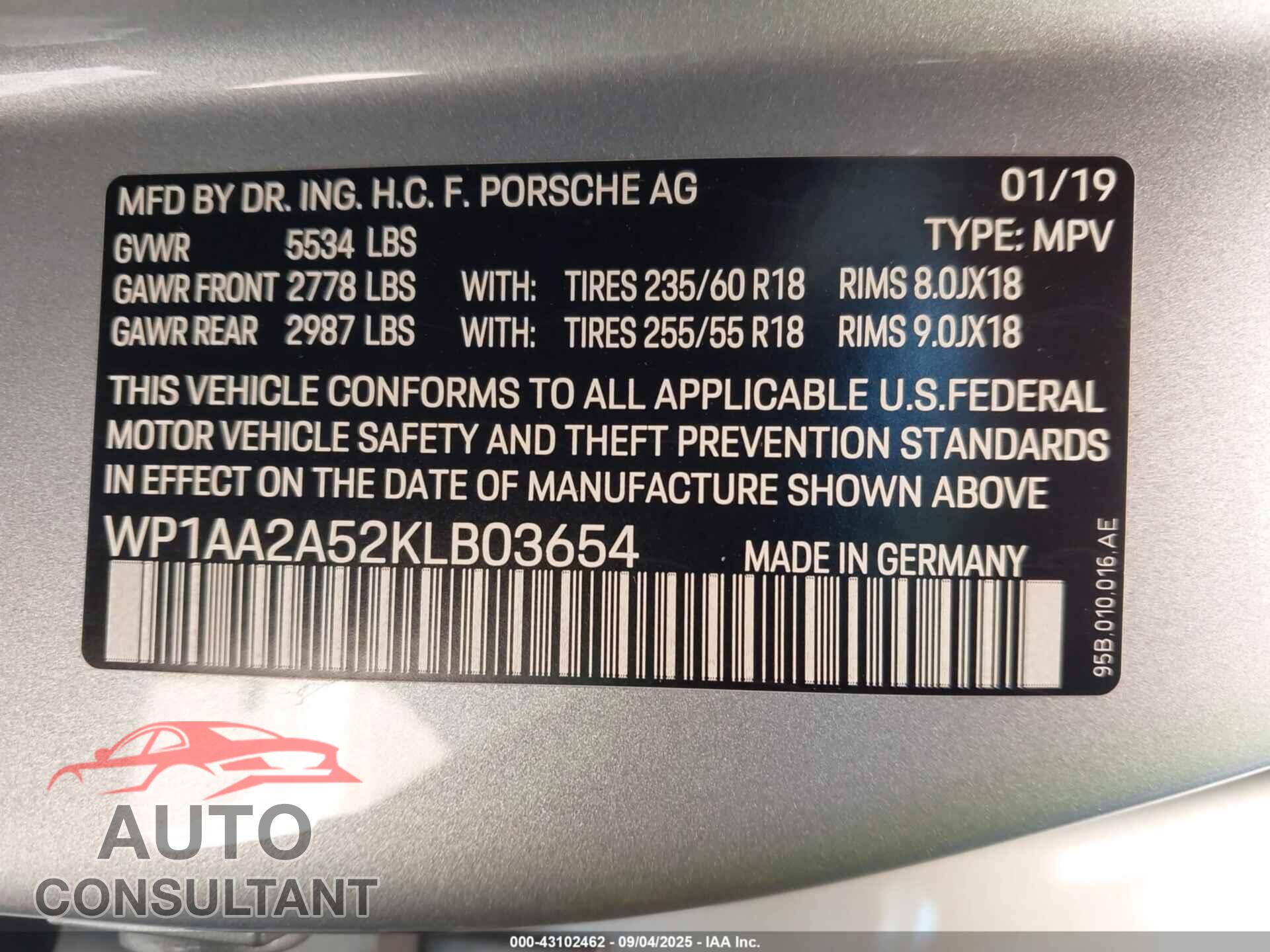 PORSCHE MACAN 2019 - WP1AA2A52KLB03654