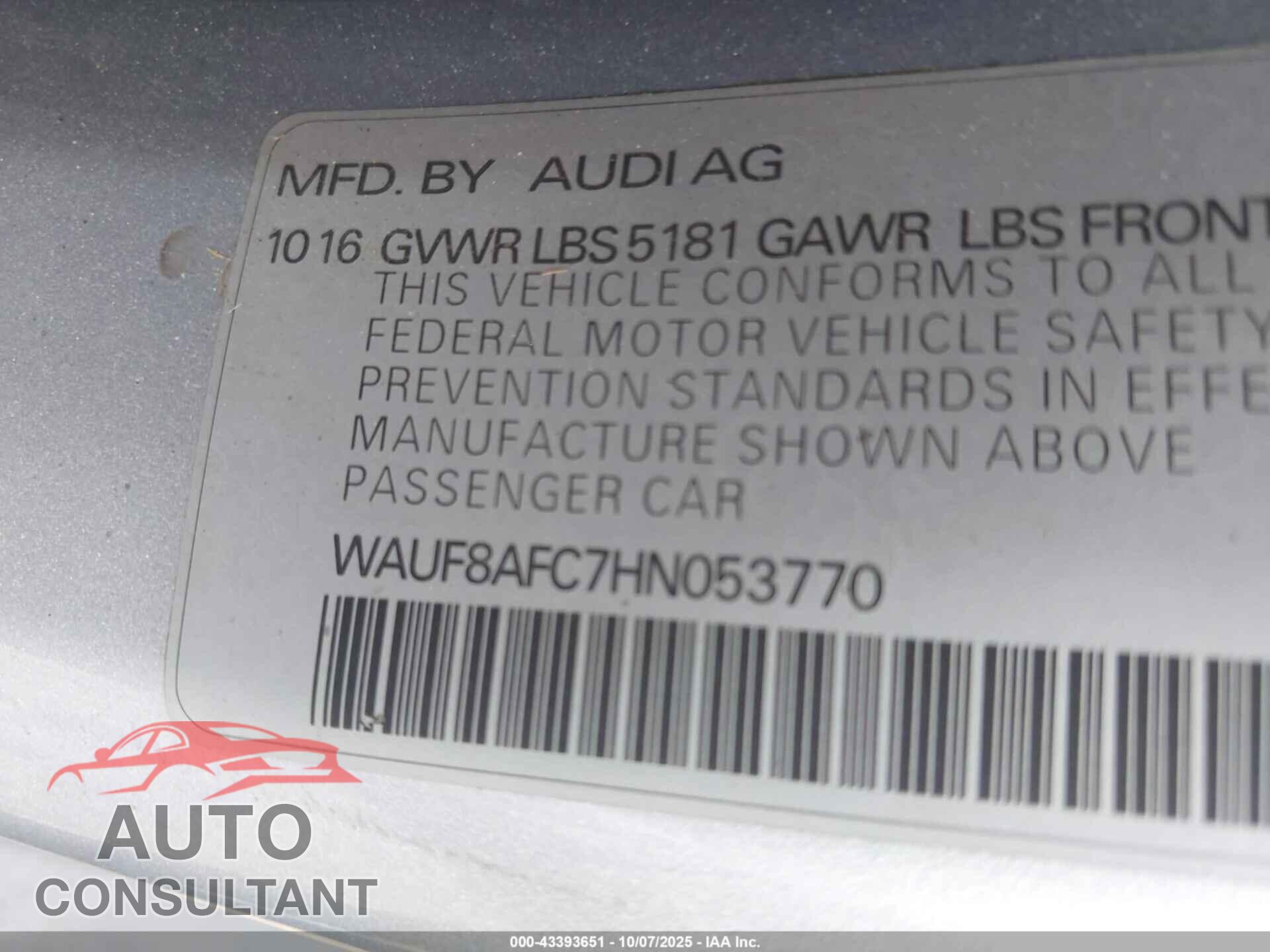 AUDI A6 2017 - WAUF8AFC7HN053770