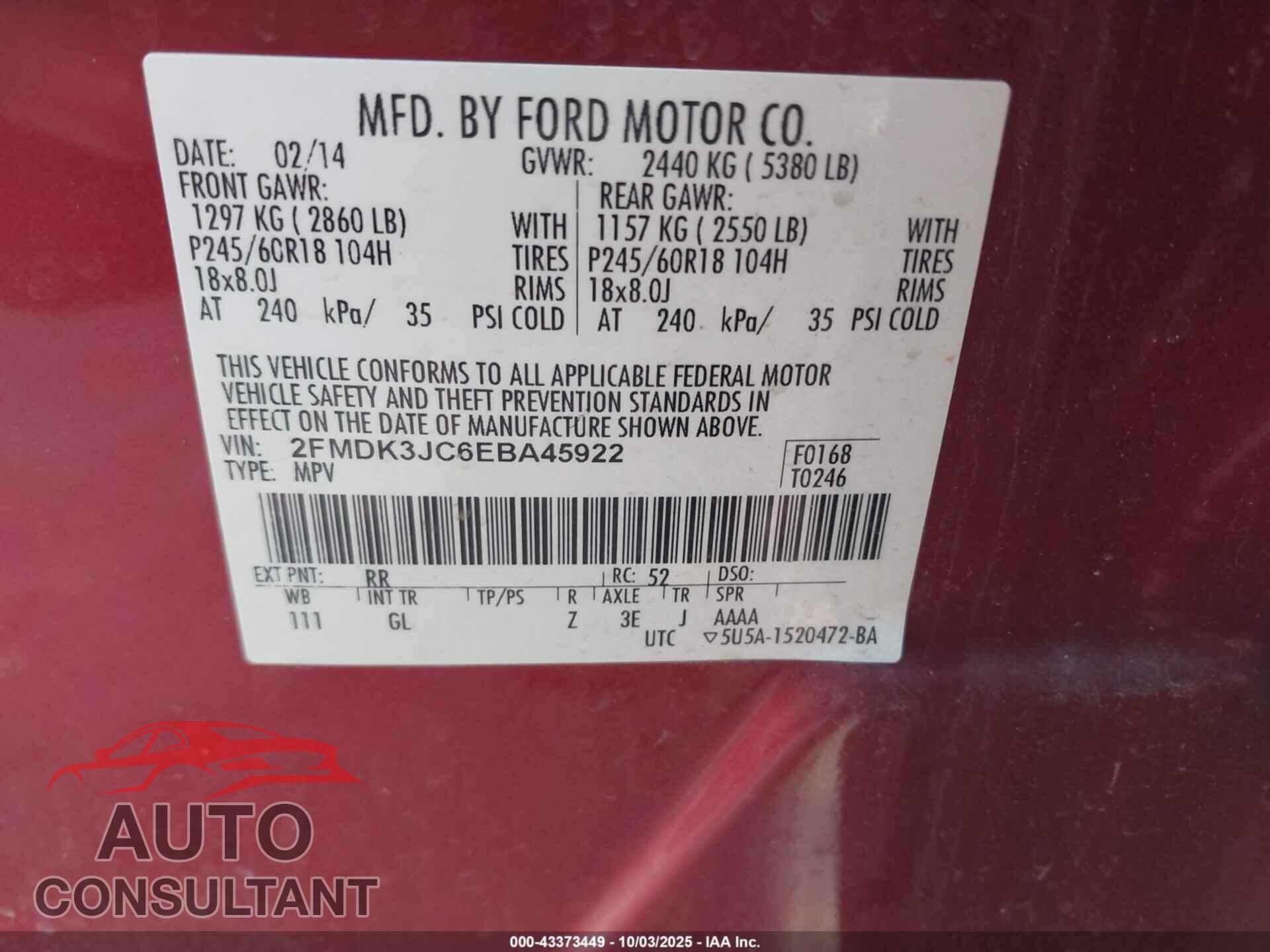 FORD EDGE 2014 - 2FMDK3JC6EBA45922
