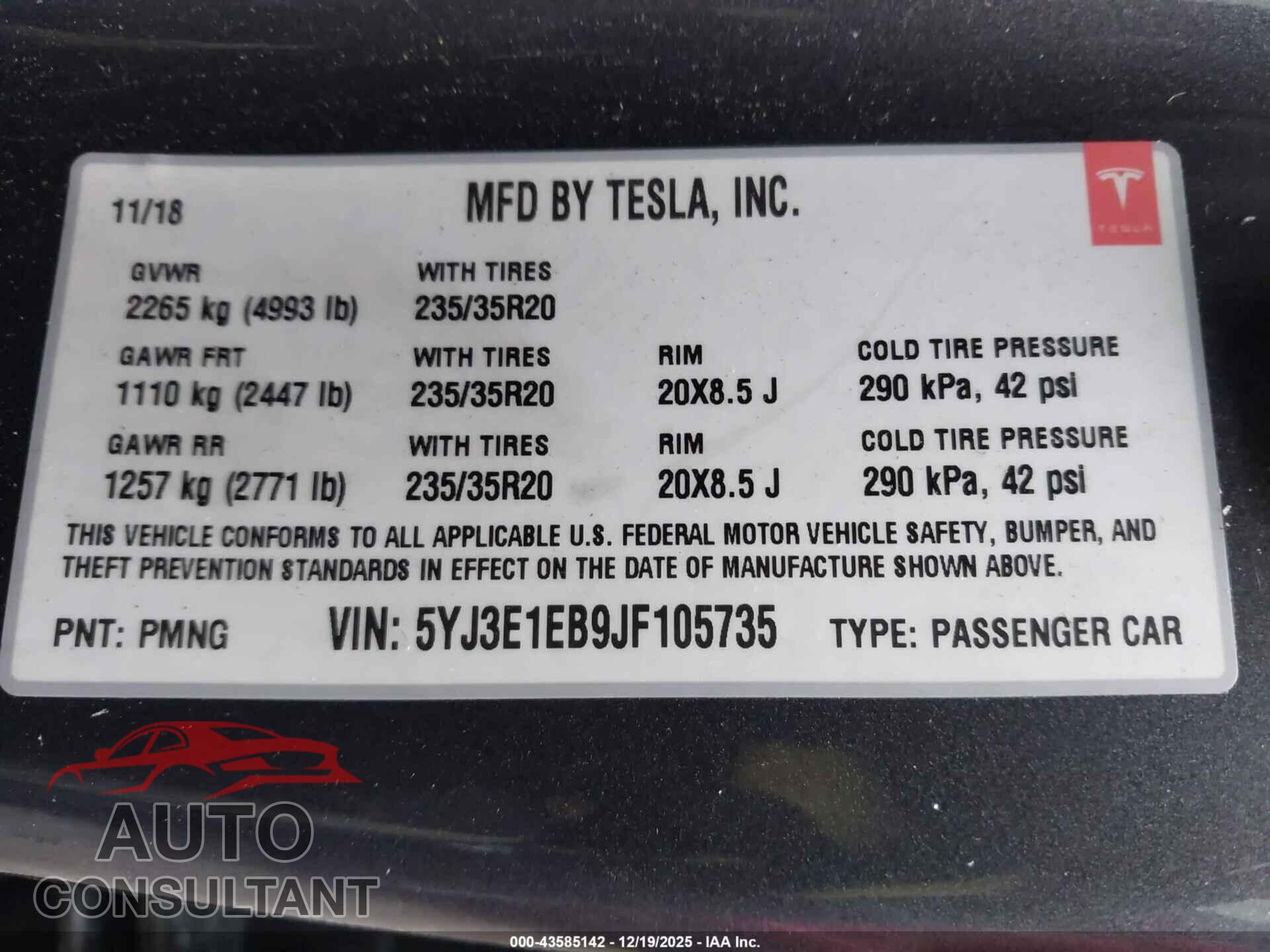 TESLA MODEL 3 2018 - 5YJ3E1EB9JF105735